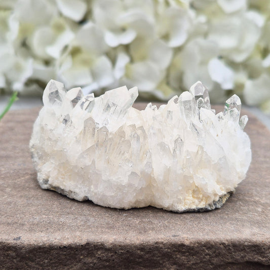 Himalayan Quartz Cluster from India. High-altitude, hand-mined crystal for grounding, focus, energy balance and amplifying other stones.