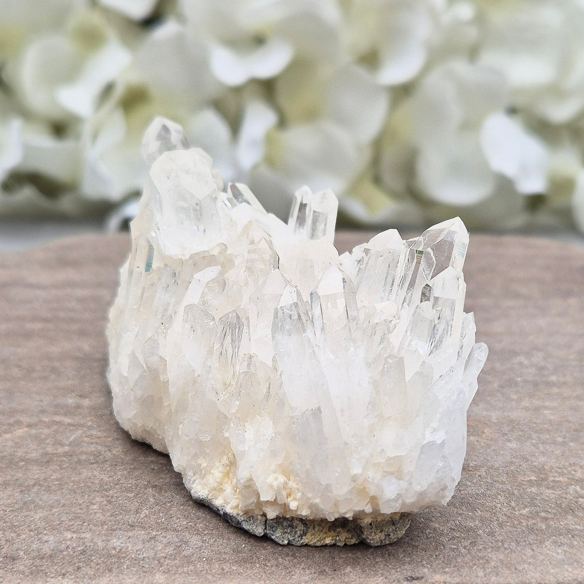 Himalayan Quartz Cluster from India. High-altitude, hand-mined crystal for grounding, focus, energy balance and amplifying other stones.
