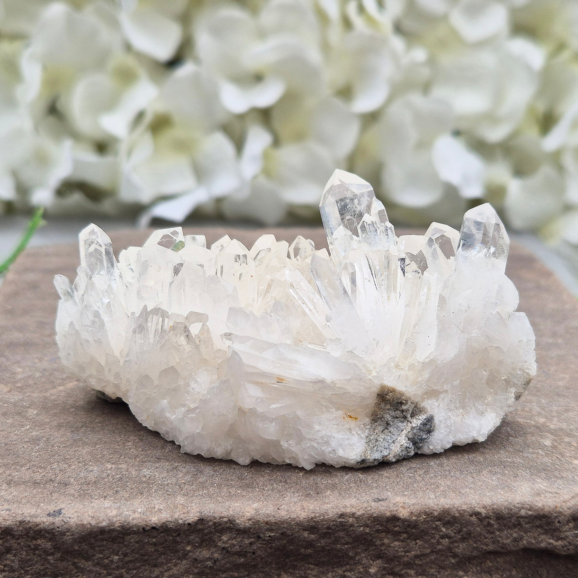 Himalayan Quartz Cluster from India. High-altitude, hand-mined crystal for grounding, focus, energy balance and amplifying other stones.