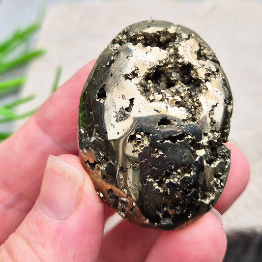 Pyrite palm stone from Peru perfect for boosting confidence, focus, and motivation. A solid, grounding piece to keep close for daily energy support.