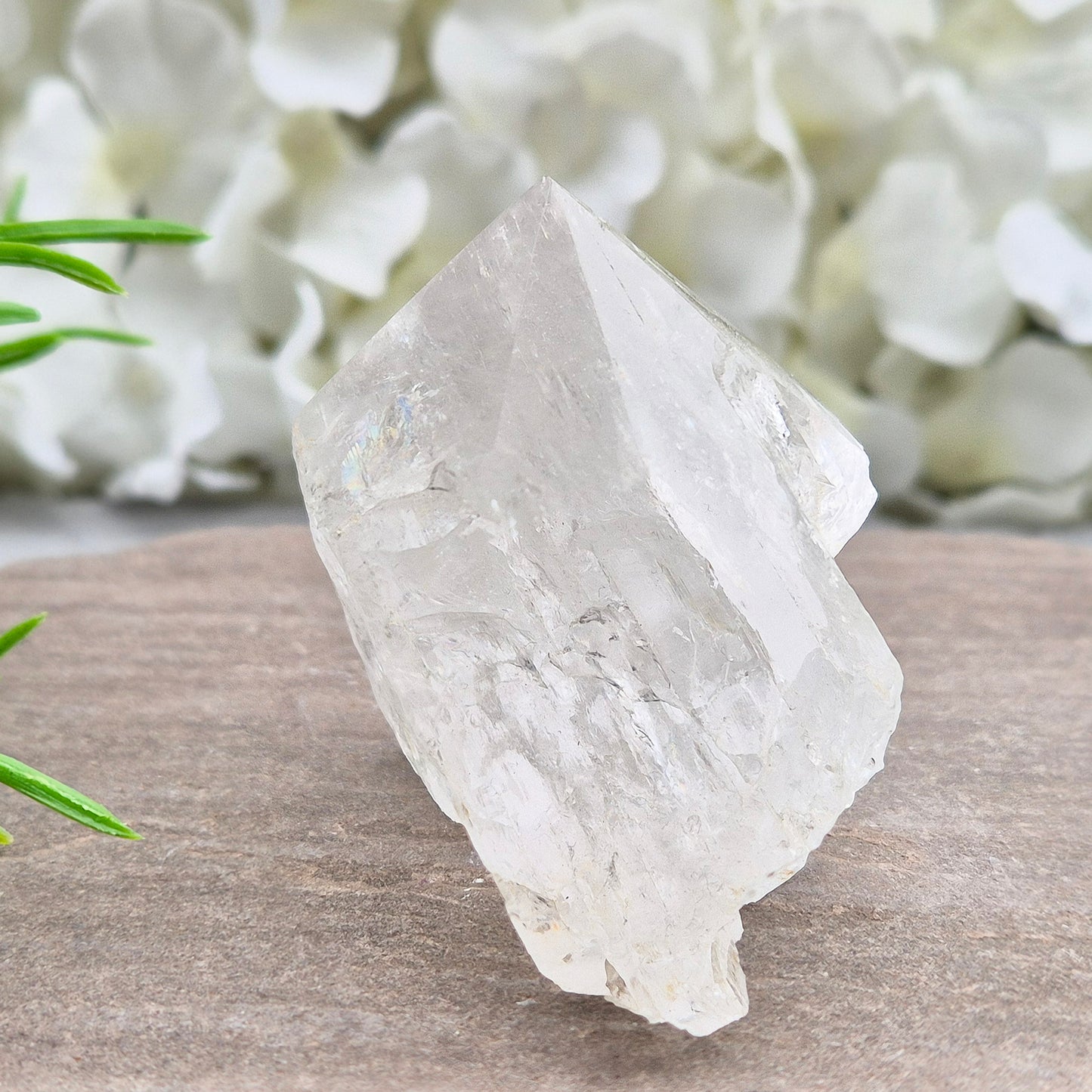 Quartz Crystal Standing Point. Point is polished at tip with a rainbow, sides are natural and the base is cut flat so it will sit on an even surface.