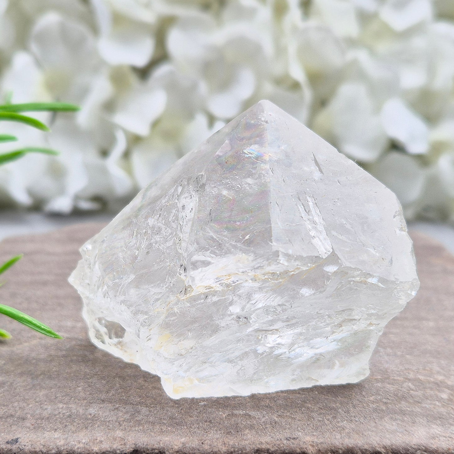 Quartz Crystal Standing Point. Point is polished at tip with a rainbow, sides are natural and the base is cut flat so it will sit on an even surface.