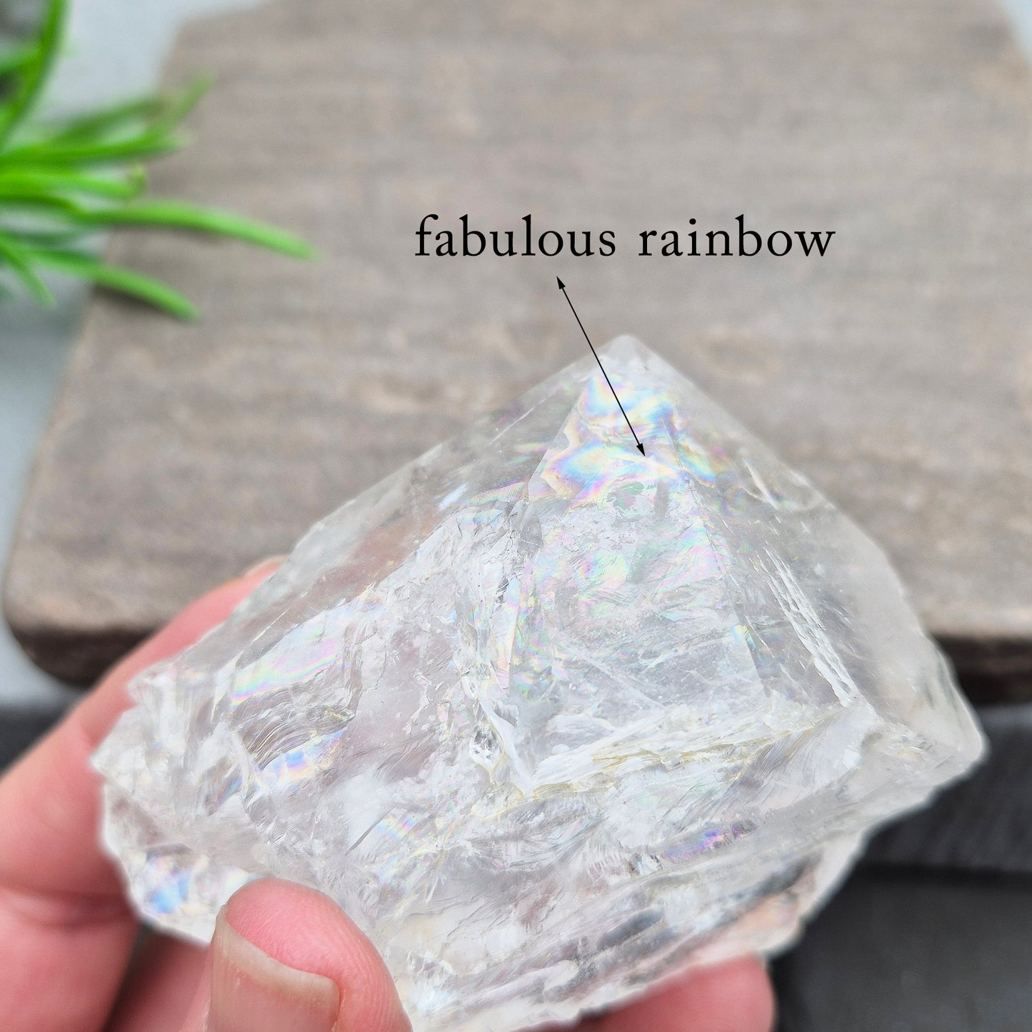 Quartz Crystal Standing Point. Point is polished at tip with a rainbow, sides are natural and the base is cut flat so it will sit on an even surface.