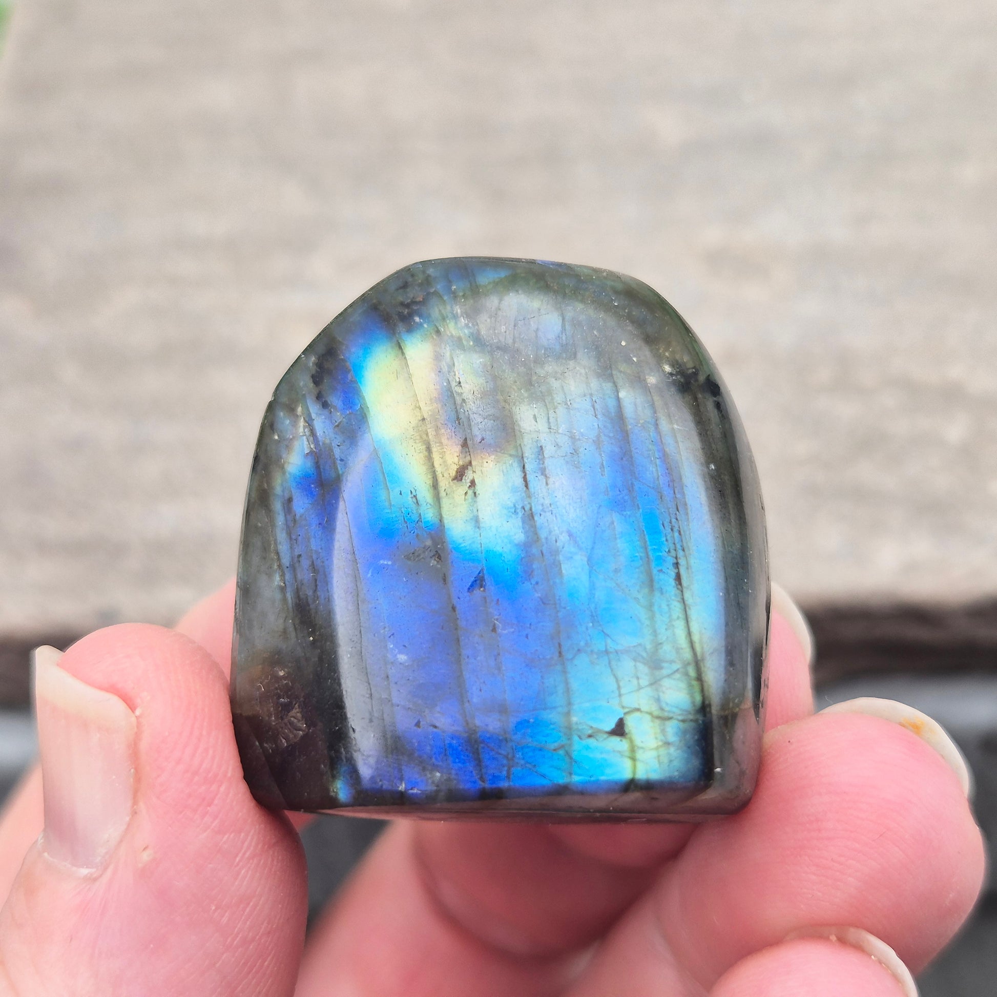 Labradorite Crystal Freeform. When the light hits it at just the right angle, flashes of yellow, and blue appear.