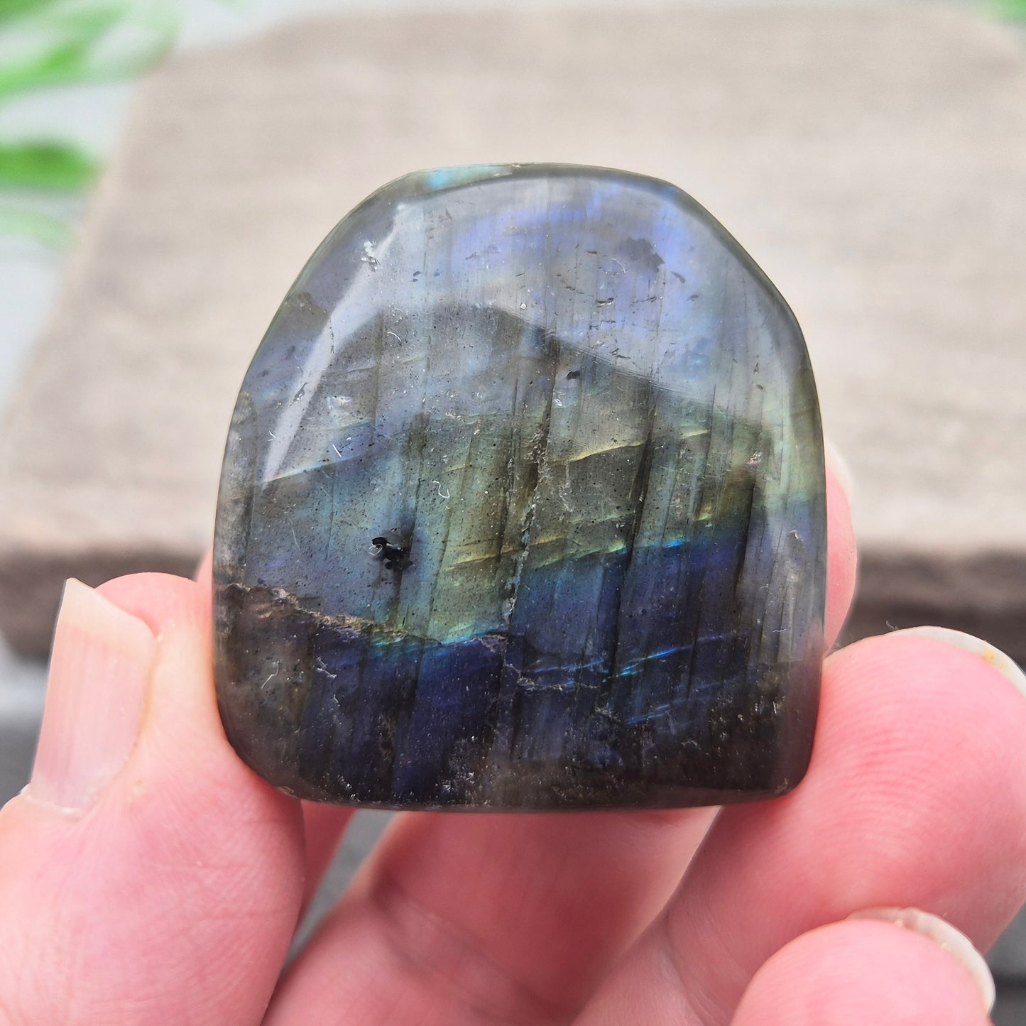 Labradorite Crystal Freeform. When the light hits it at just the right angle, flashes of yellow, and blue appear.