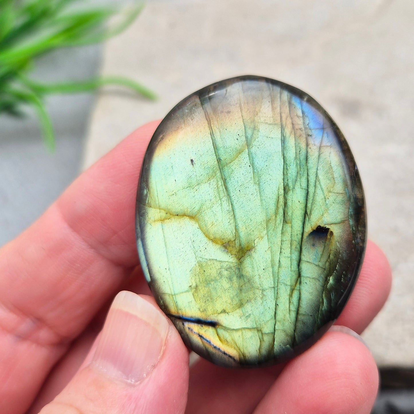 Labradorite palm stone with natural flash. Known for protection and intuition, helping shift energy and focus. Smooth, grounding, and easy to hold.