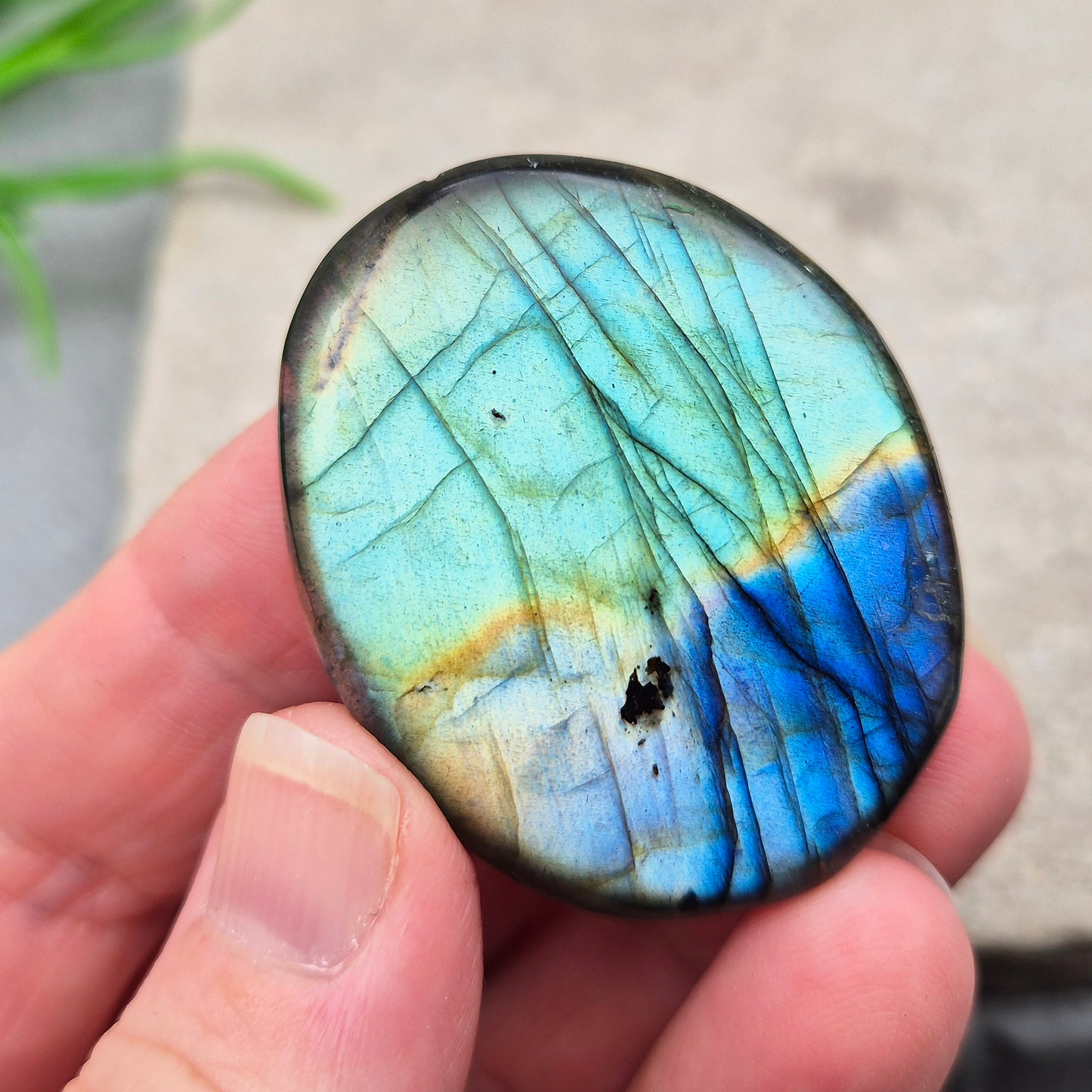 Labradorite palm stone with natural flash. Known for protection and intuition, helping shift energy and focus. Smooth, grounding, and easy to hold.