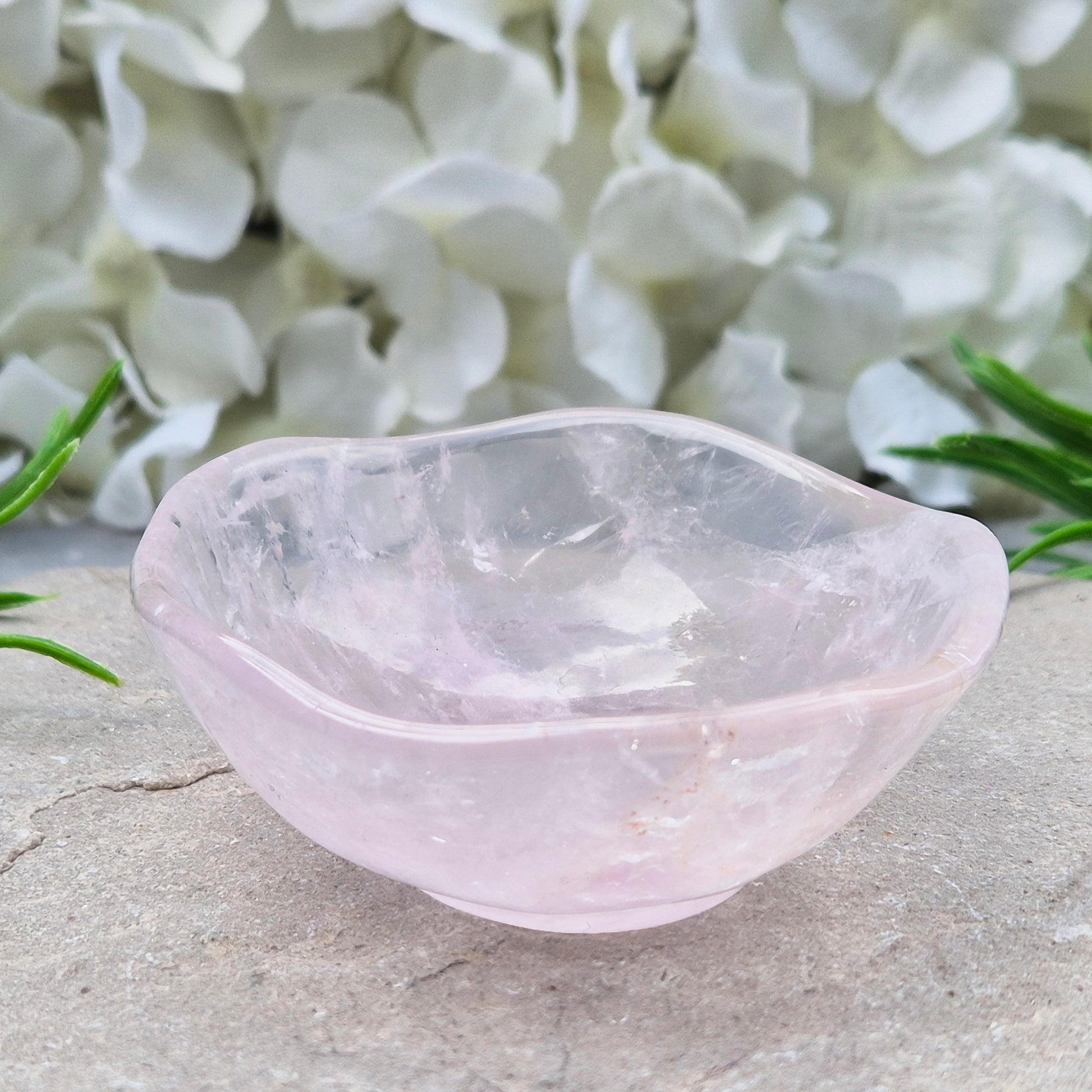 Rose Quartz crystal bowl for jewellery or crystals. Soft pink stone linked to love and balance. Calming, natural piece for bedside or home space.