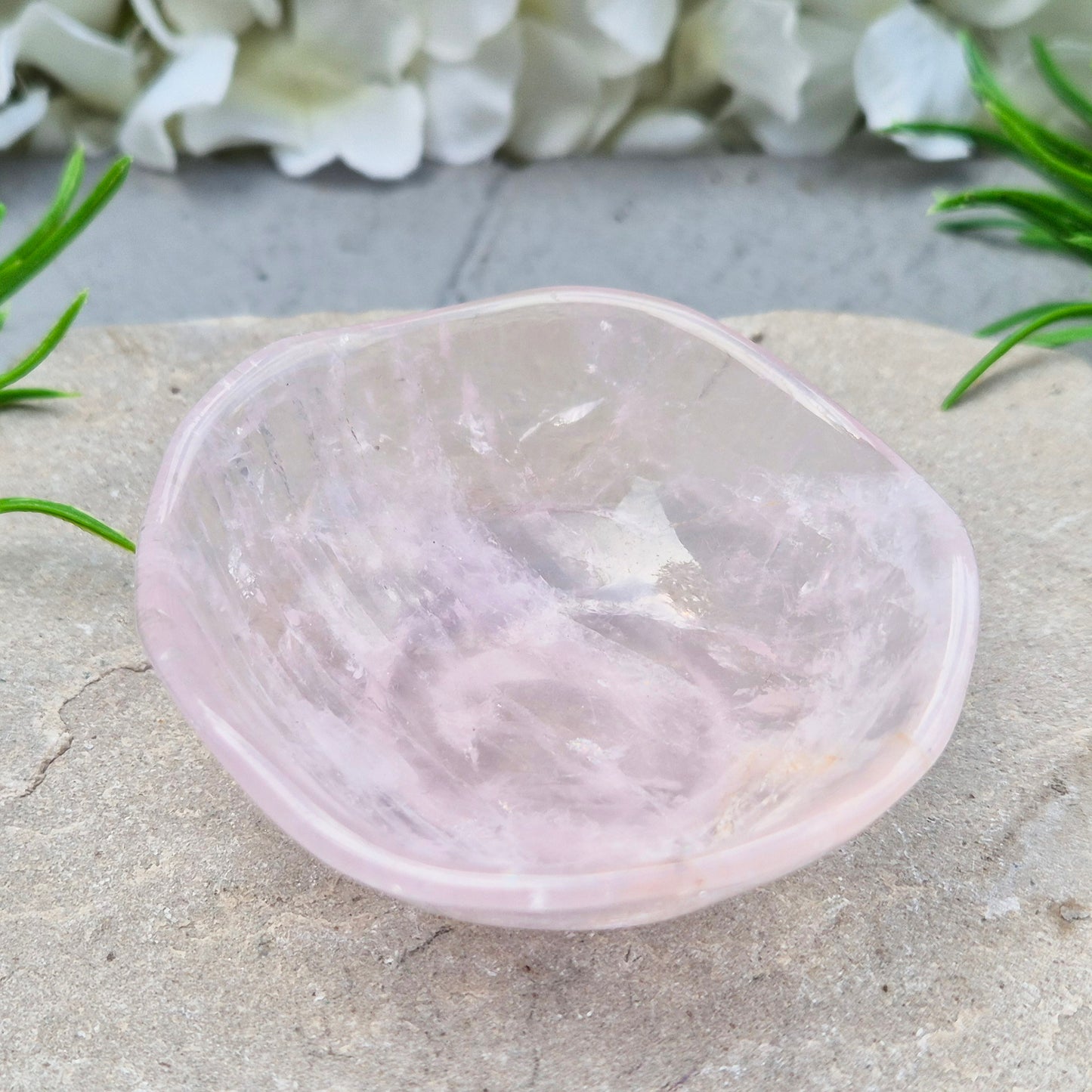 Rose Quartz crystal bowl for jewellery or crystals. Soft pink stone linked to love and balance. Calming, natural piece for bedside or home space.