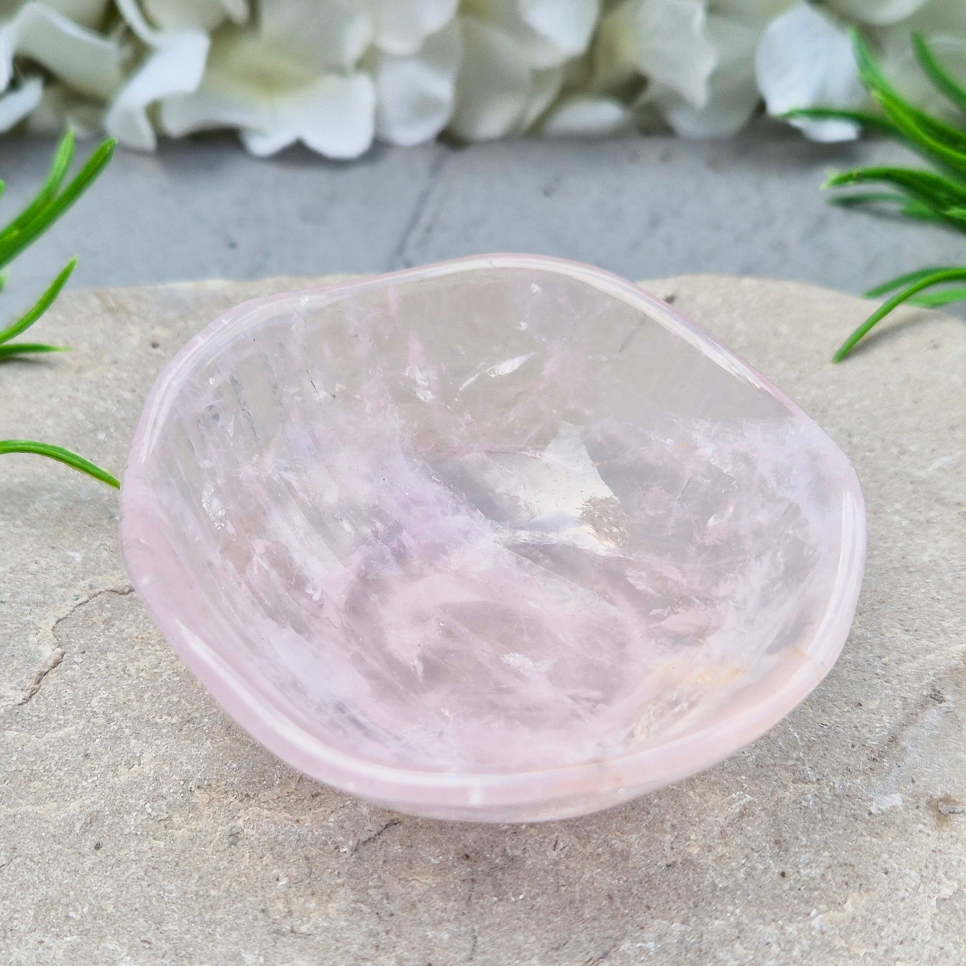 Rose Quartz crystal bowl for jewellery or crystals. Soft pink stone linked to love and balance. Calming, natural piece for bedside or home space.