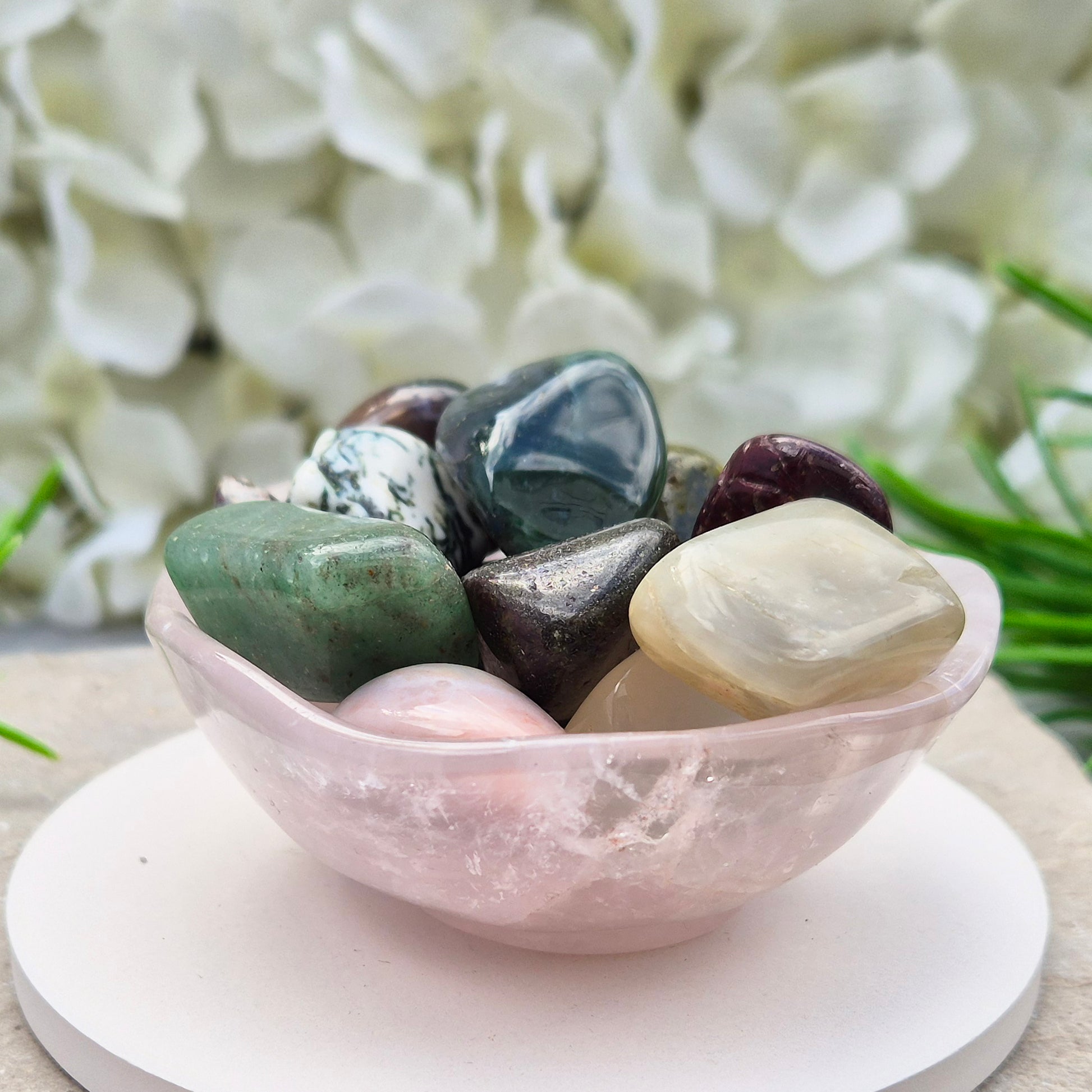 Rose Quartz crystal bowl for jewellery or crystals. Soft pink stone linked to love and balance. Calming, natural piece for bedside or home space.