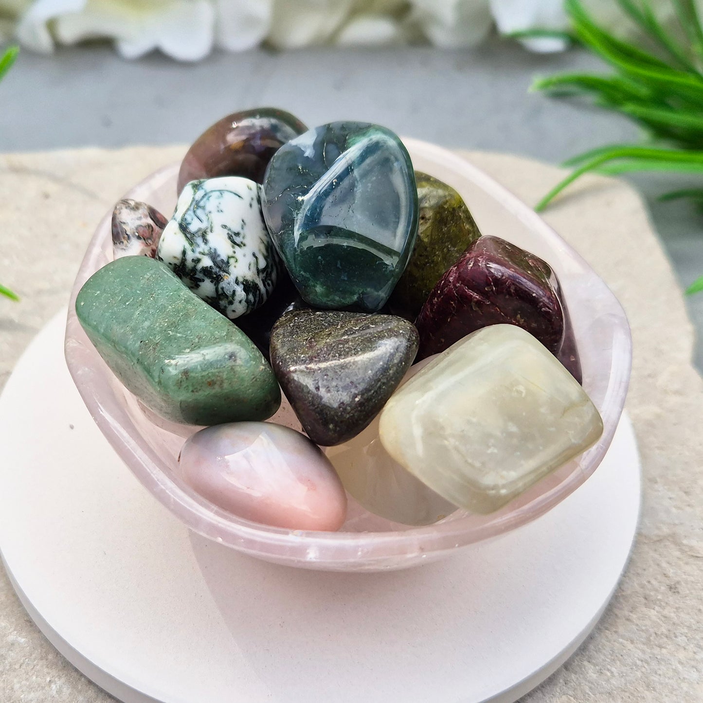 Rose Quartz crystal bowl for jewellery or crystals. Soft pink stone linked to love and balance. Calming, natural piece for bedside or home space.