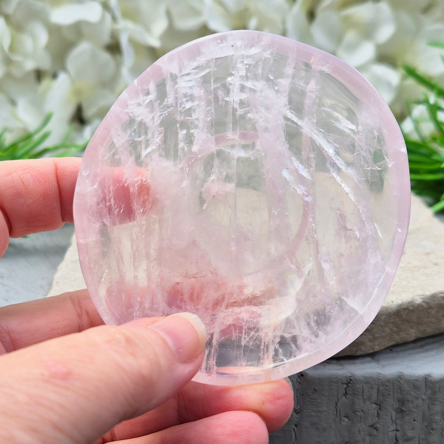 Rose Quartz crystal bowl for jewellery or crystals. Soft pink stone linked to love and balance. Calming, natural piece for bedside or home space.