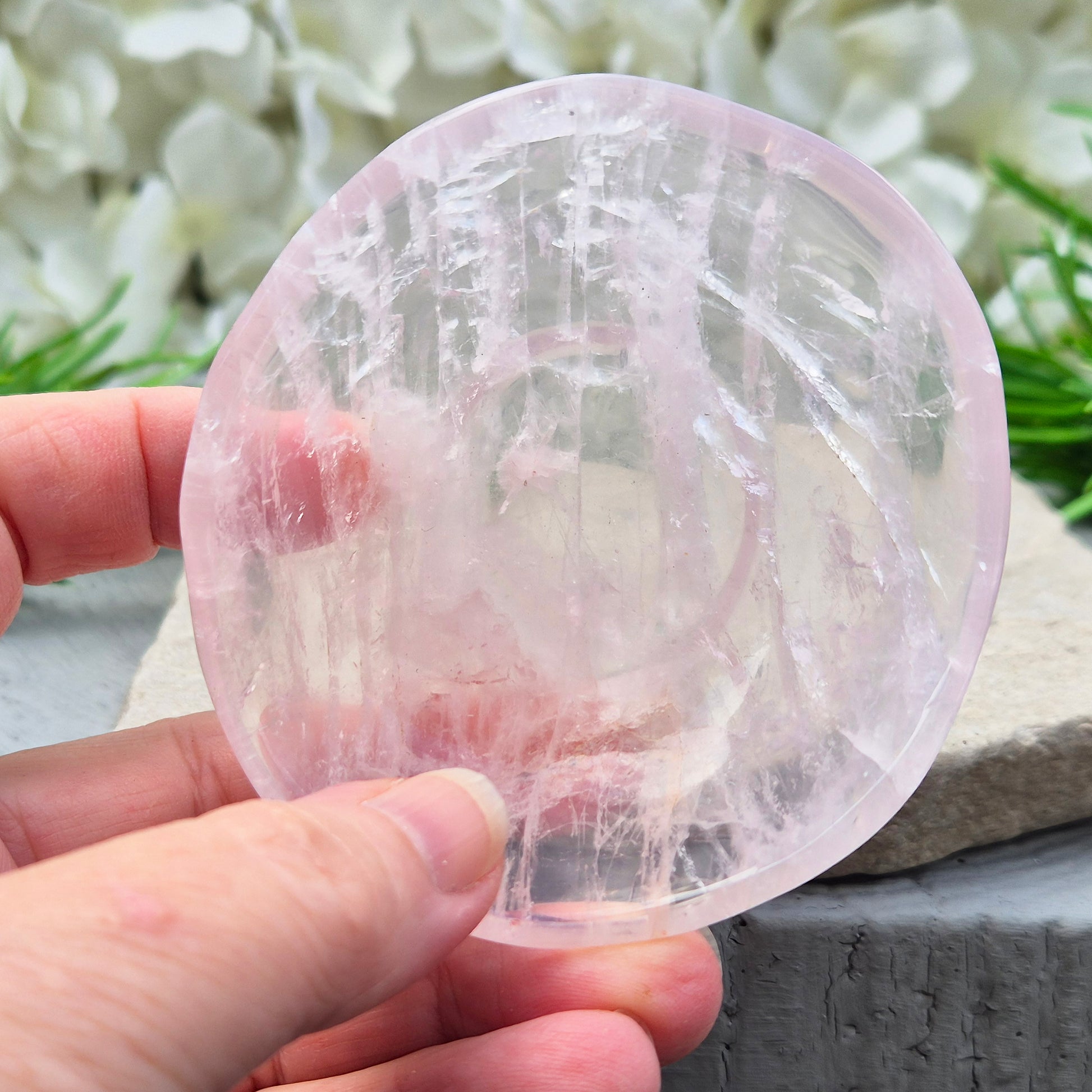 Rose Quartz crystal bowl for jewellery or crystals. Soft pink stone linked to love and balance. Calming, natural piece for bedside or home space.