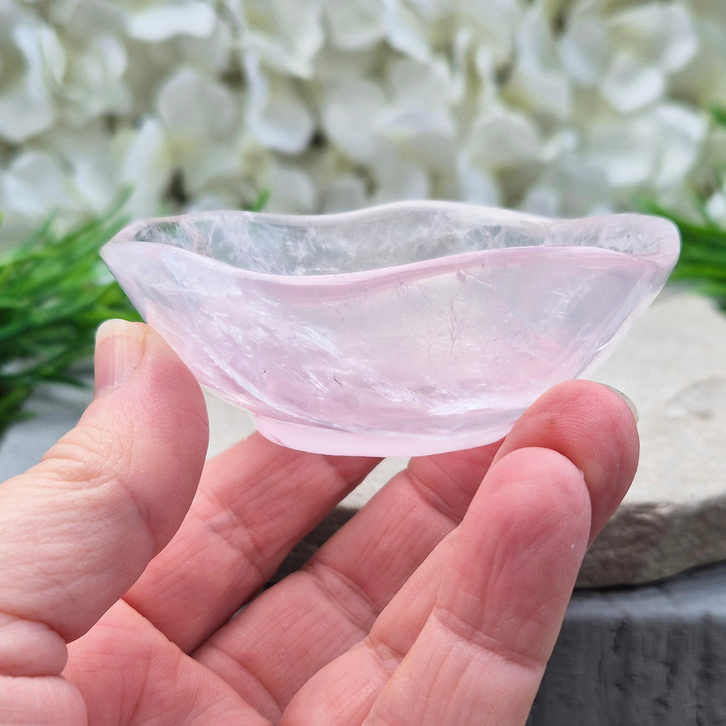 Rose Quartz crystal bowl for jewellery or crystals. Soft pink stone linked to love and balance. Calming, natural piece for bedside or home space.
