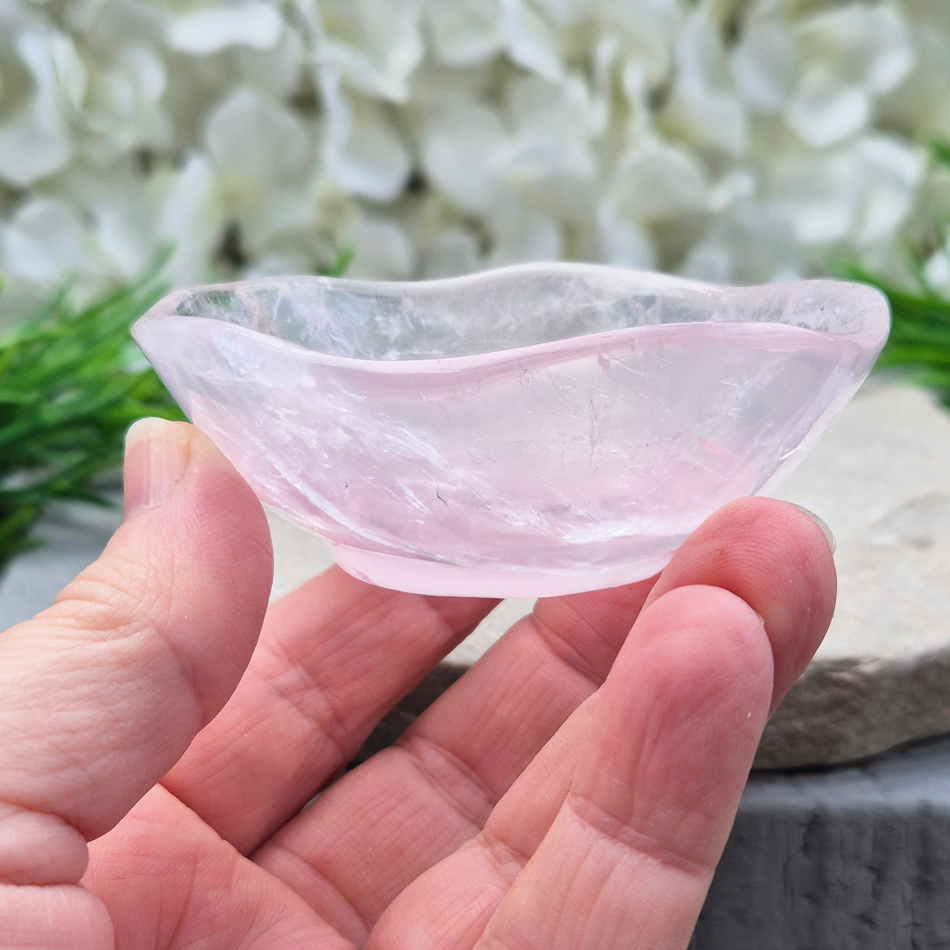 Rose Quartz crystal bowl for jewellery or crystals. Soft pink stone linked to love and balance. Calming, natural piece for bedside or home space.