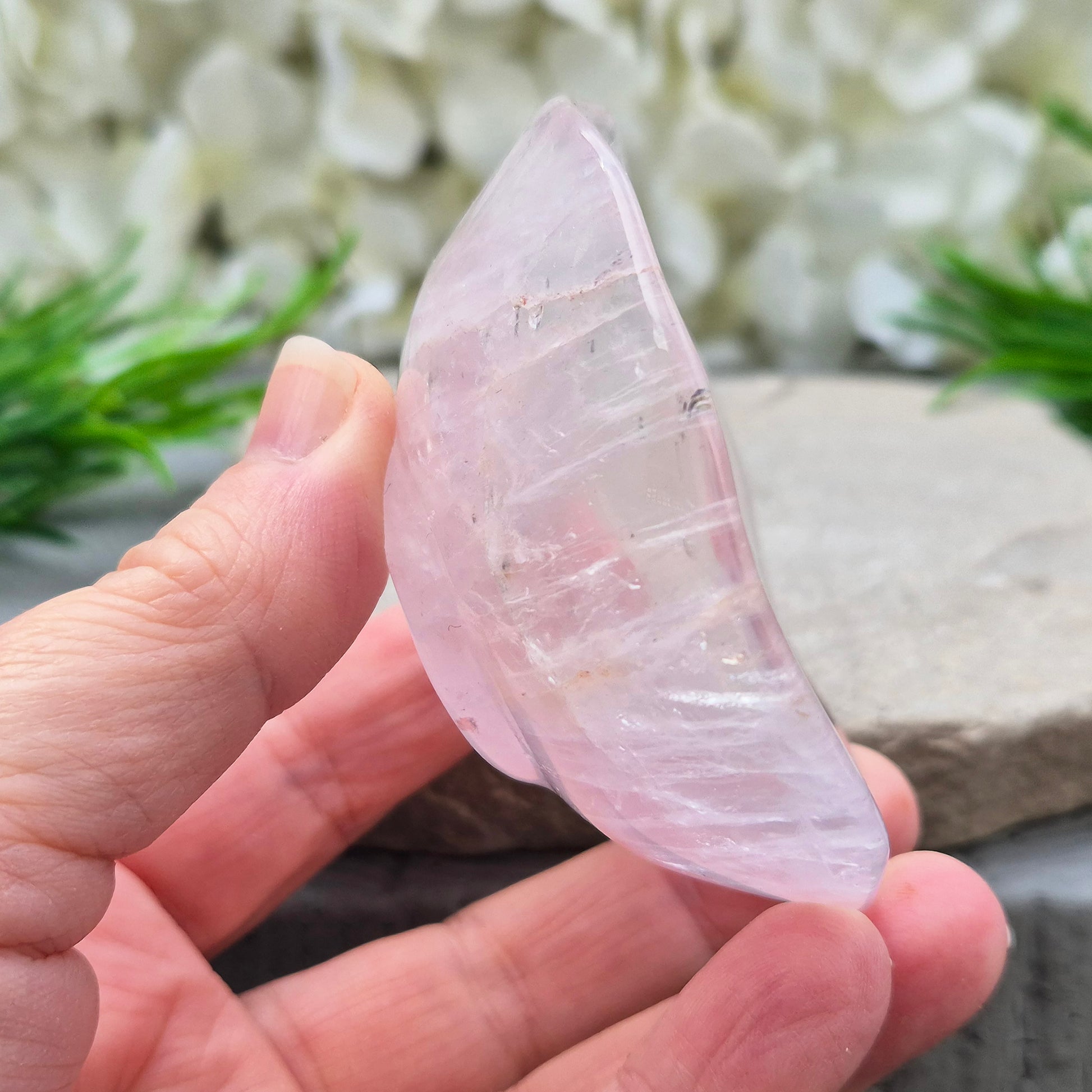 Rose Quartz crystal bowl for jewellery or crystals. Soft pink stone linked to love and balance. Calming, natural piece for bedside or home space.