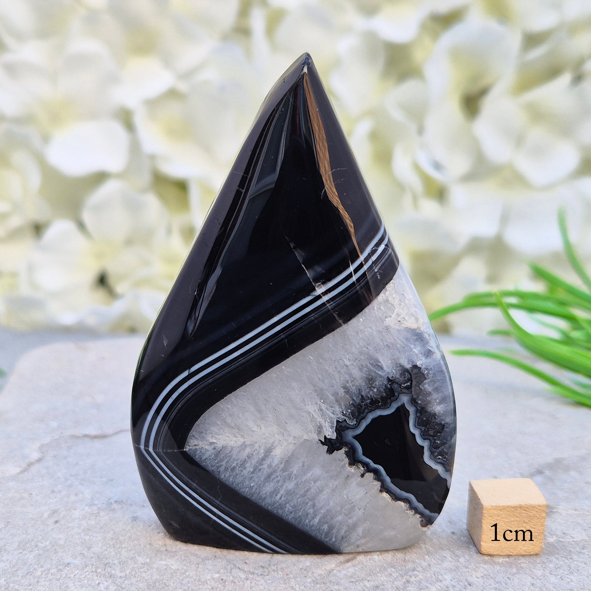 Polished black agate and quartz crystal flame from Brazil, traditionally associated with grounding and balance. A striking natural stone.