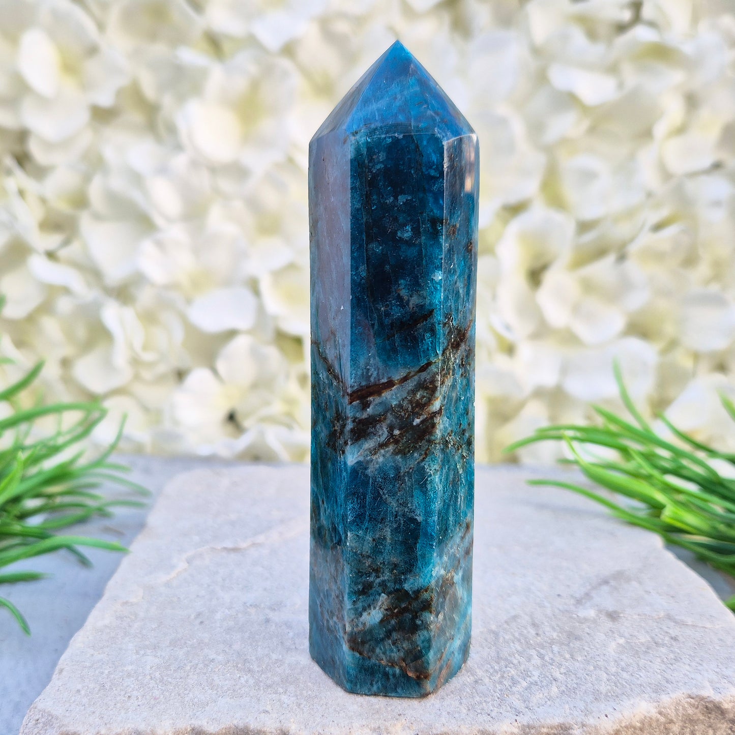 Blue Apatite polished generator point from Madagascar. Deep teal stone for focus, motivation, clear communication, and intuitive guidance.