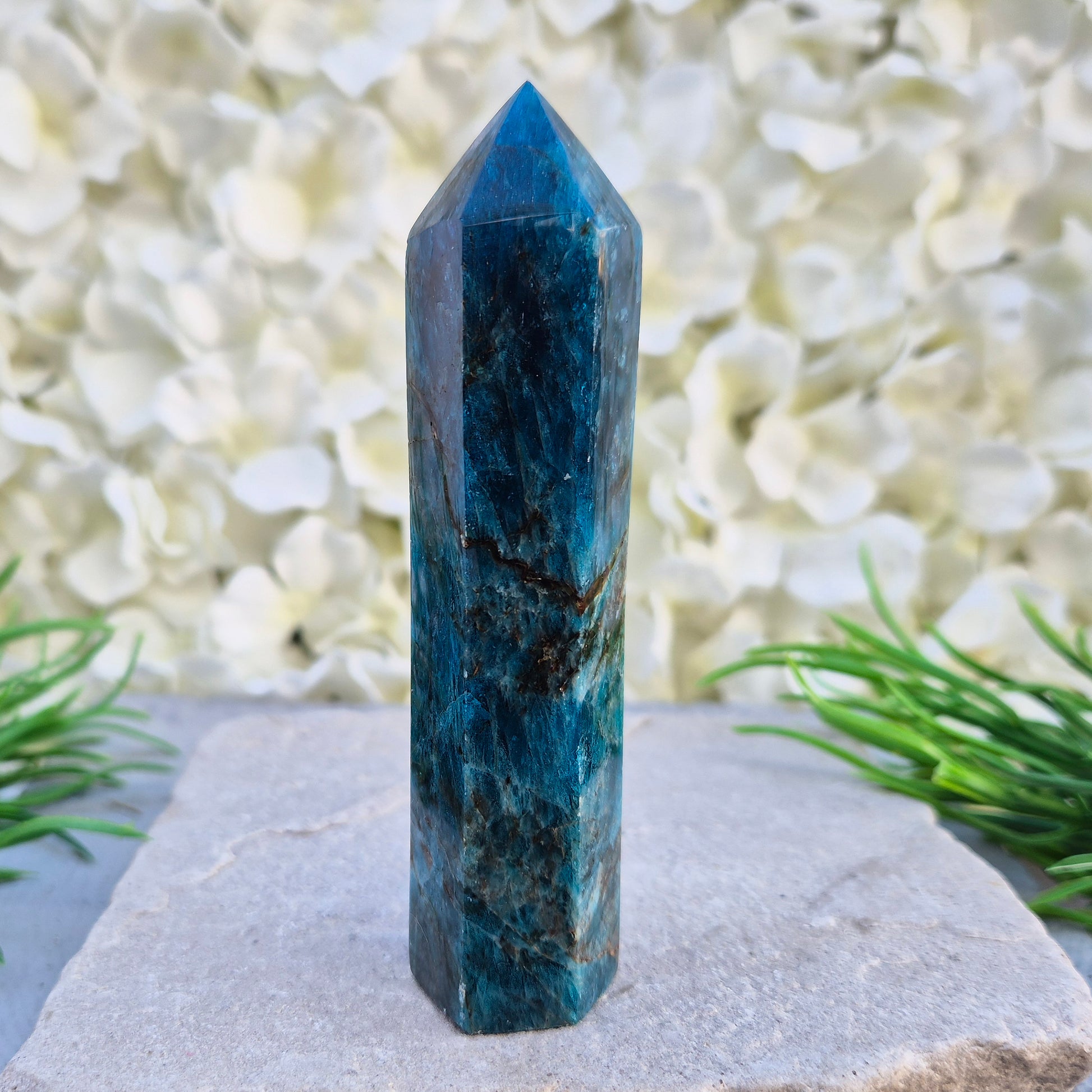 Blue Apatite polished generator point from Madagascar. Deep teal stone for focus, motivation, clear communication, and intuitive guidance.