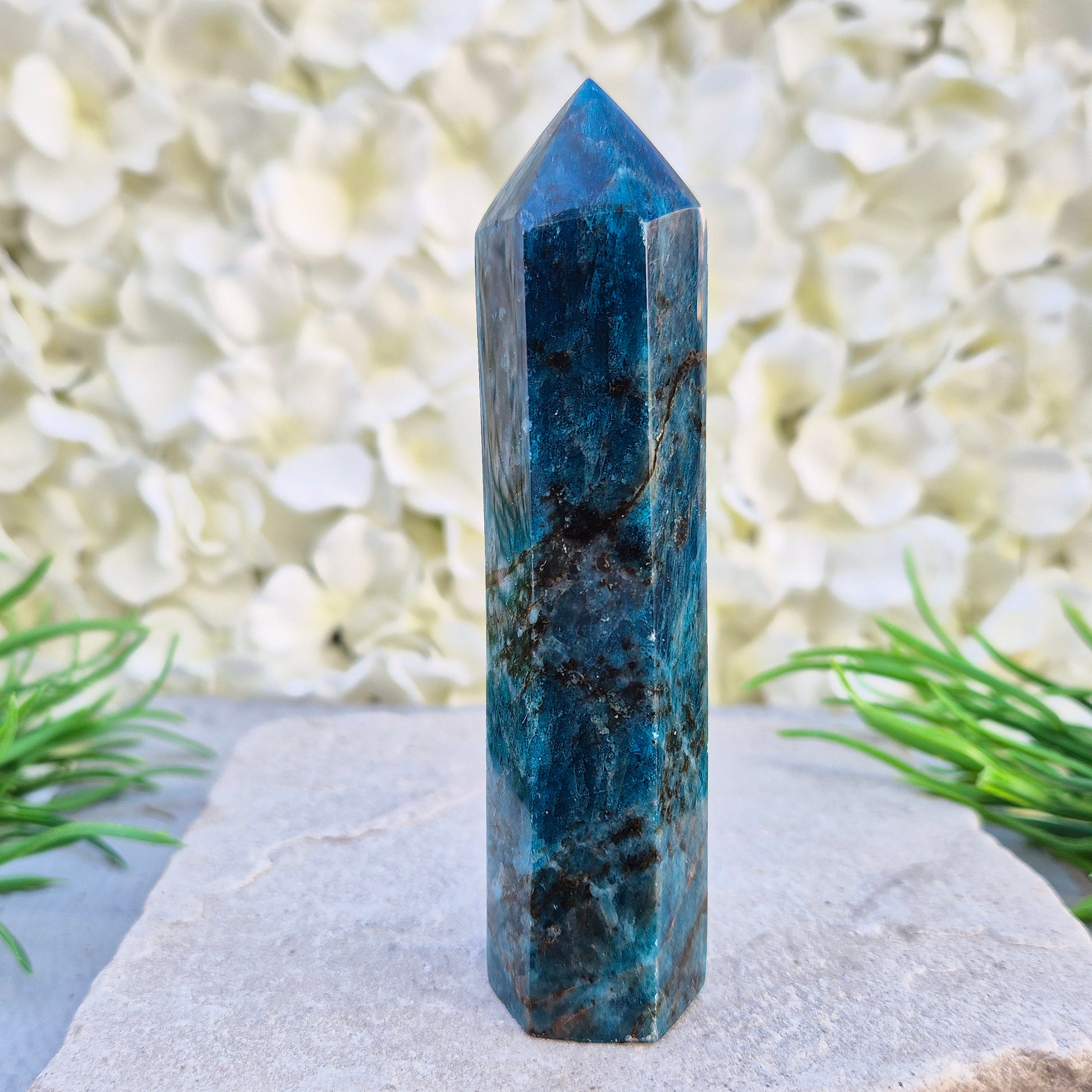 Blue Apatite polished generator point from Madagascar. Deep teal stone for focus, motivation, clear communication, and intuitive guidance.