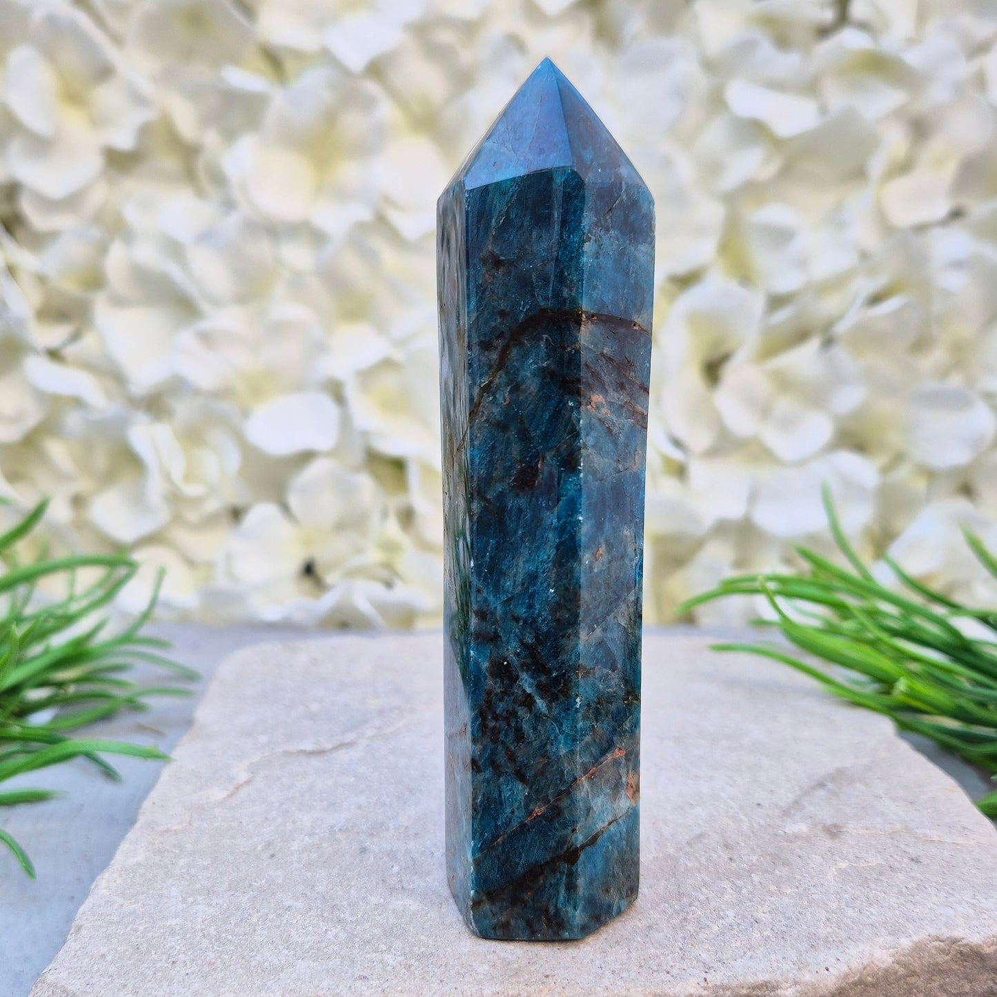 Blue Apatite polished generator point from Madagascar. Deep teal stone for focus, motivation, clear communication, and intuitive guidance.