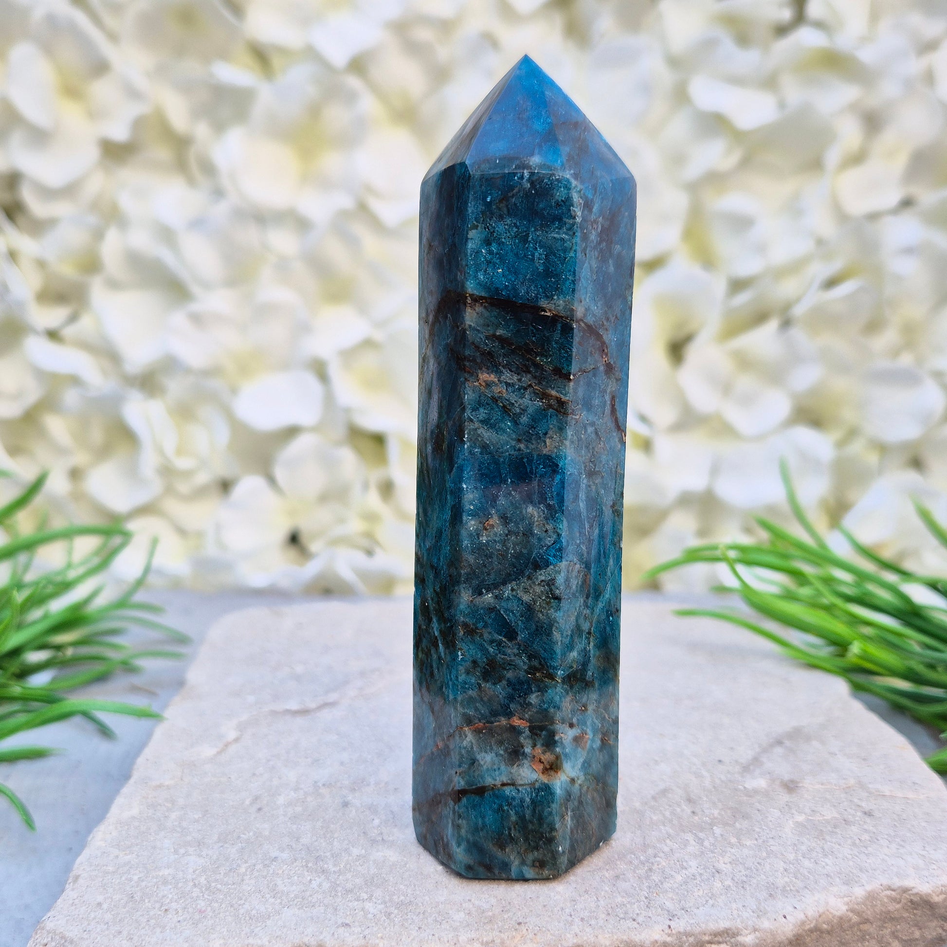 Blue Apatite polished generator point from Madagascar. Deep teal stone for focus, motivation, clear communication, and intuitive guidance.