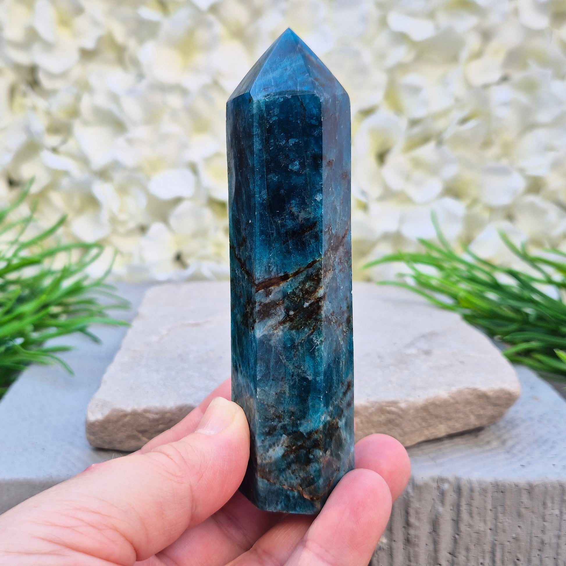 Blue Apatite polished generator point from Madagascar. Deep teal stone for focus, motivation, clear communication, and intuitive guidance.