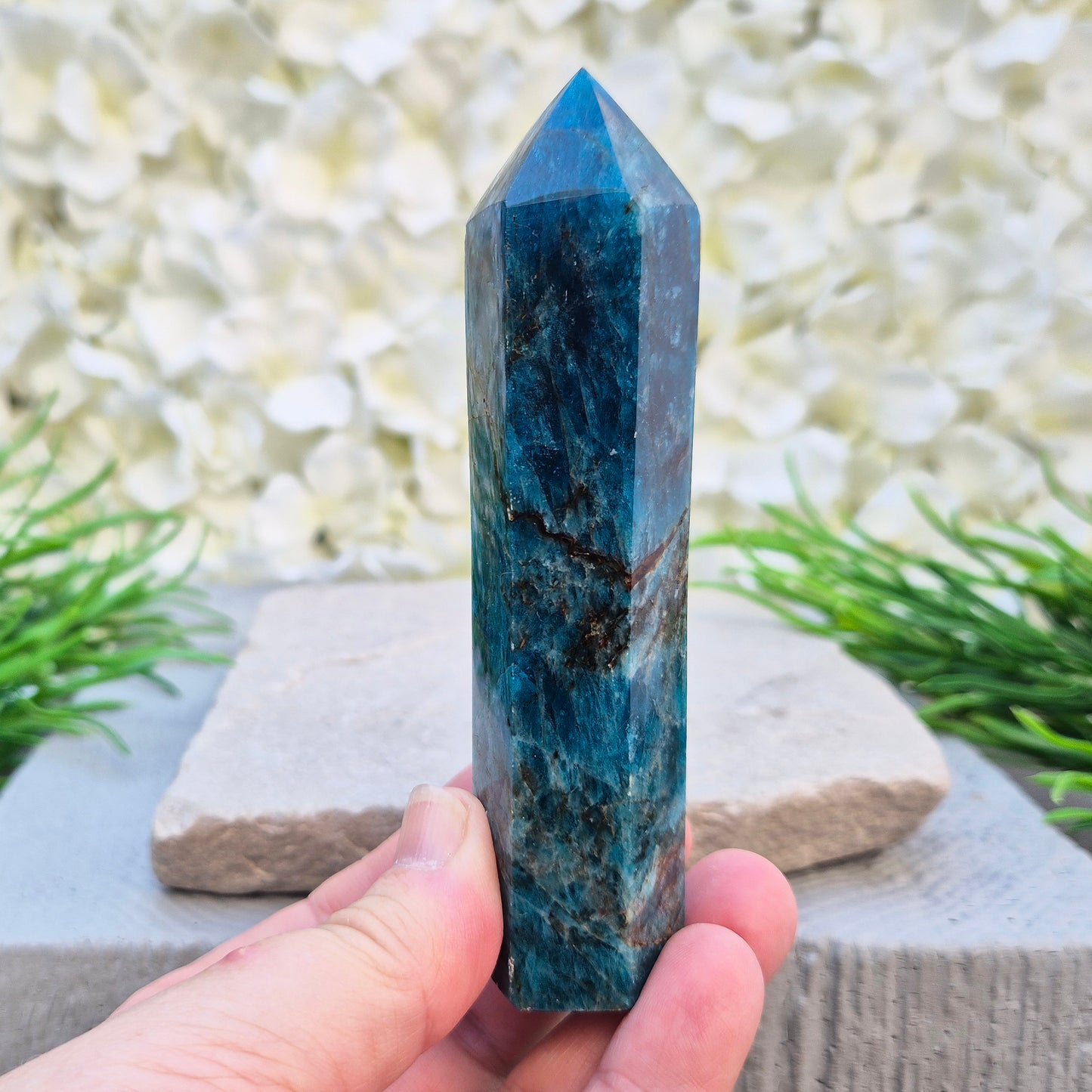 Blue Apatite polished generator point from Madagascar. Deep teal stone for focus, motivation, clear communication, and intuitive guidance.