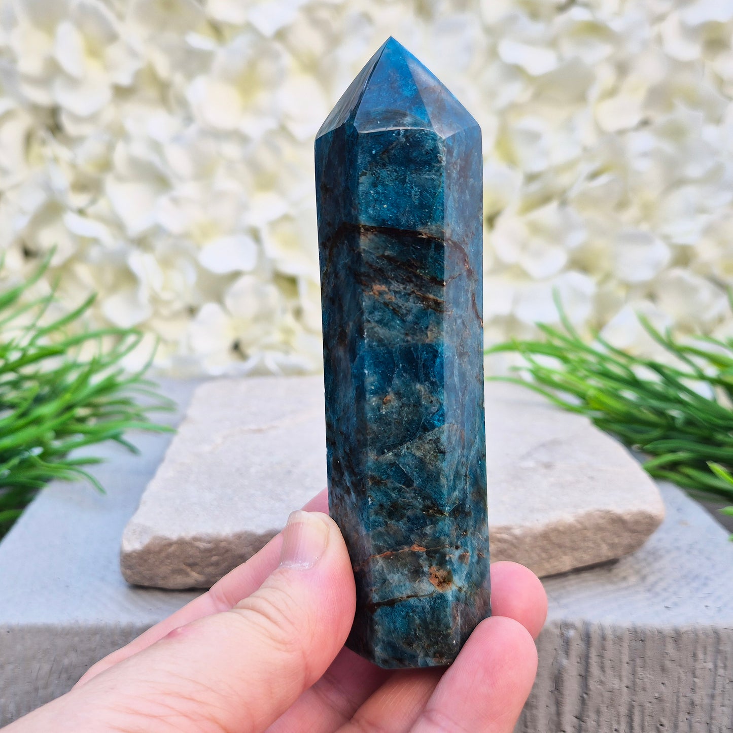 Blue Apatite polished generator point from Madagascar. Deep teal stone for focus, motivation, clear communication, and intuitive guidance.