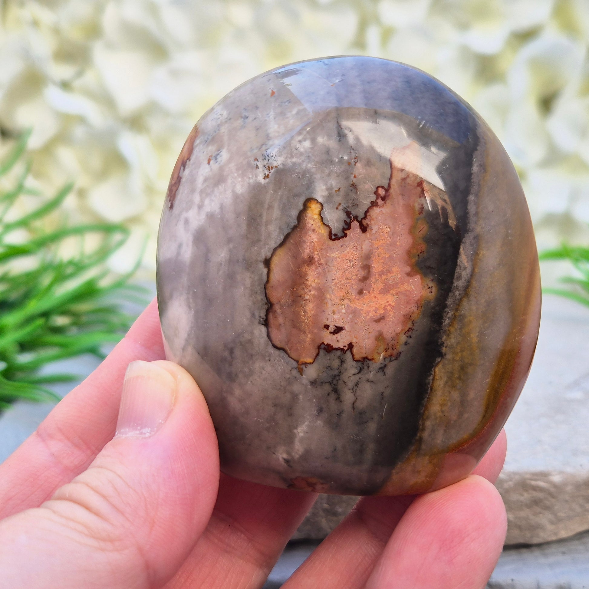 Polychrome Jasper freeform from Madagascar. Polished stone with earthy tones for grounding, stability, and balanced everyday energy.