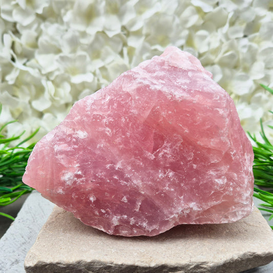 Natural Rose Quartz crystal to display in your home. Promotes calm, self-love, and emotional balance while bringing harmony to your space.