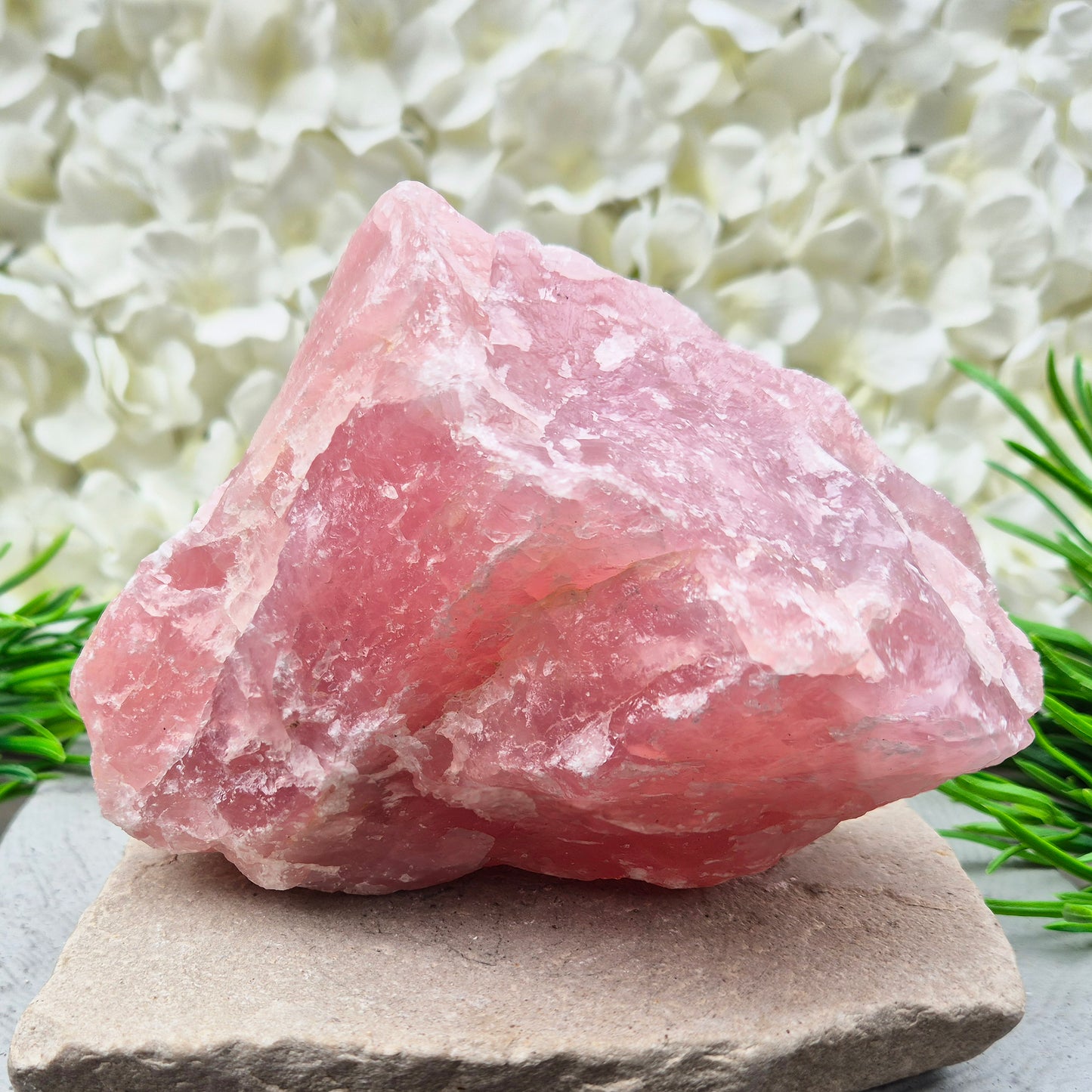 Natural Rose Quartz crystal to display in your home. Promotes calm, self-love, and emotional balance while bringing harmony to your space.