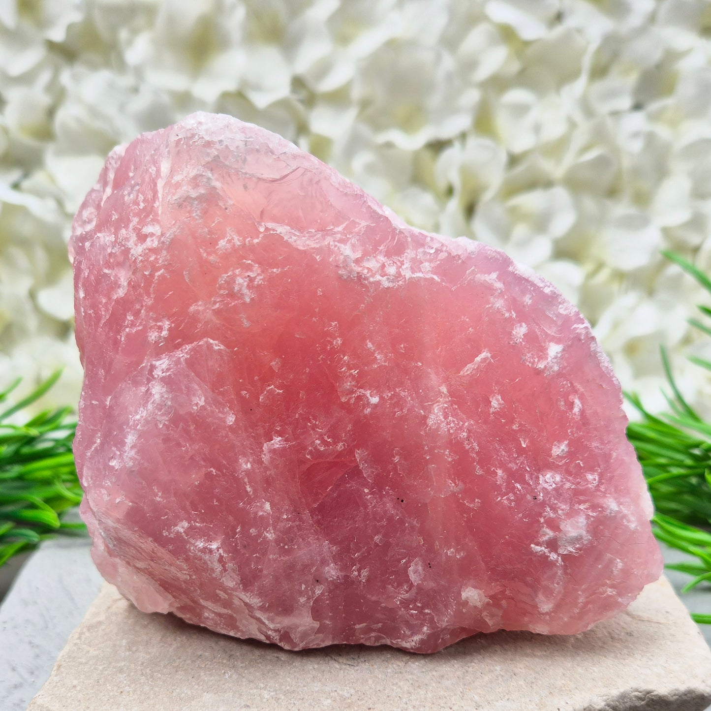 Natural Rose Quartz crystal to display in your home. Promotes calm, self-love, and emotional balance while bringing harmony to your space.