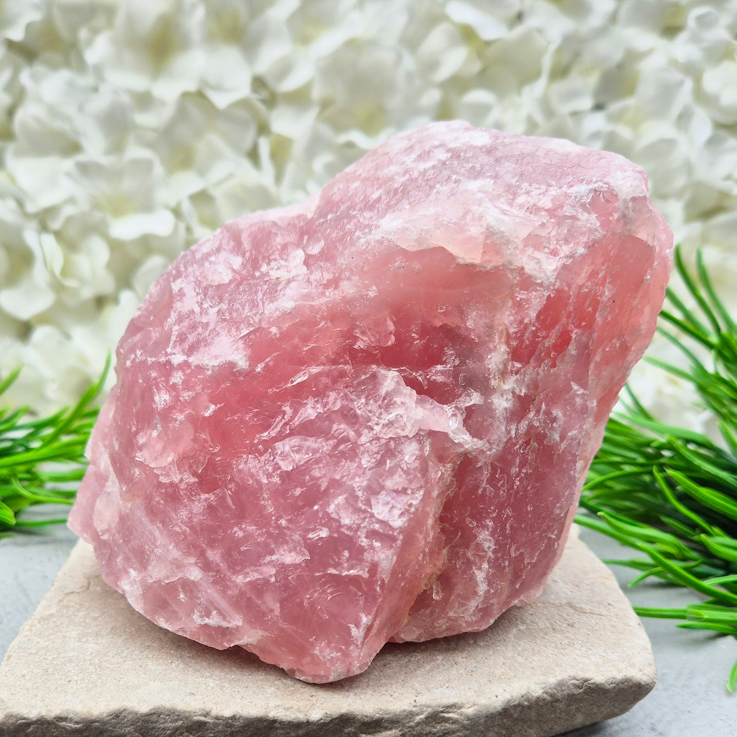 Natural Rose Quartz crystal to display in your home. Promotes calm, self-love, and emotional balance while bringing harmony to your space.