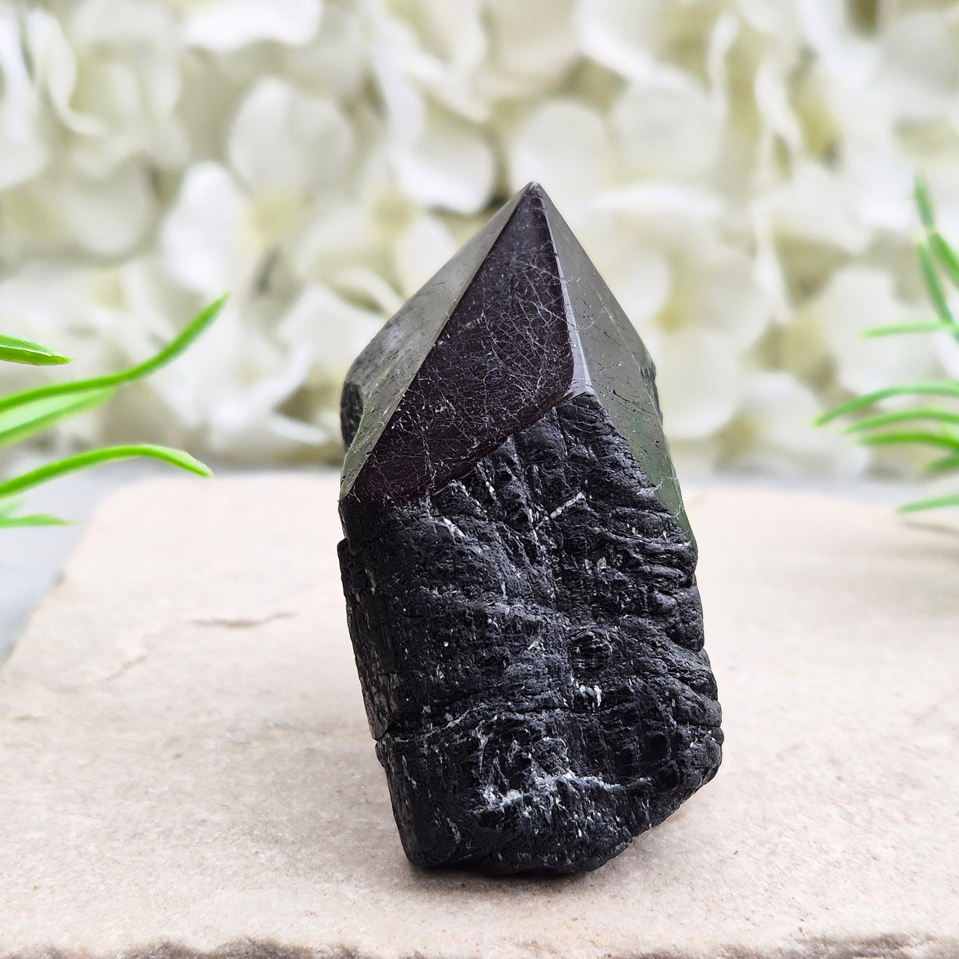 Natural Black Tourmaline standing point crystal for grounding, protection, and energy work. A powerful stone for stability, focus, and balance.