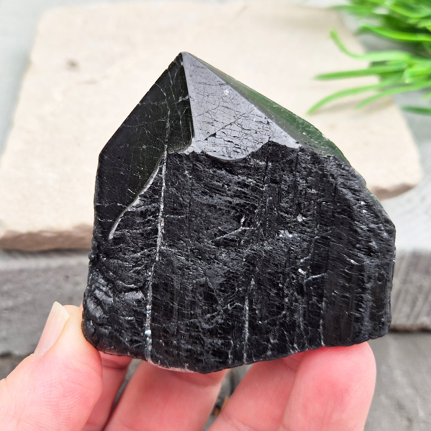 Natural Black Tourmaline standing point crystal for grounding, protection, and energy work. A powerful stone for stability, focus, and balance.