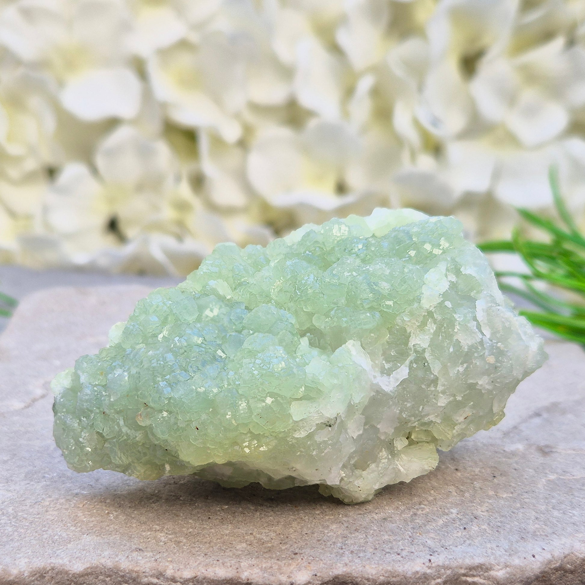 Natural Prehnite cluster from Mali with soft green tones and calming energy. A soothing crystal for emotional balance, rest, and peaceful spaces.