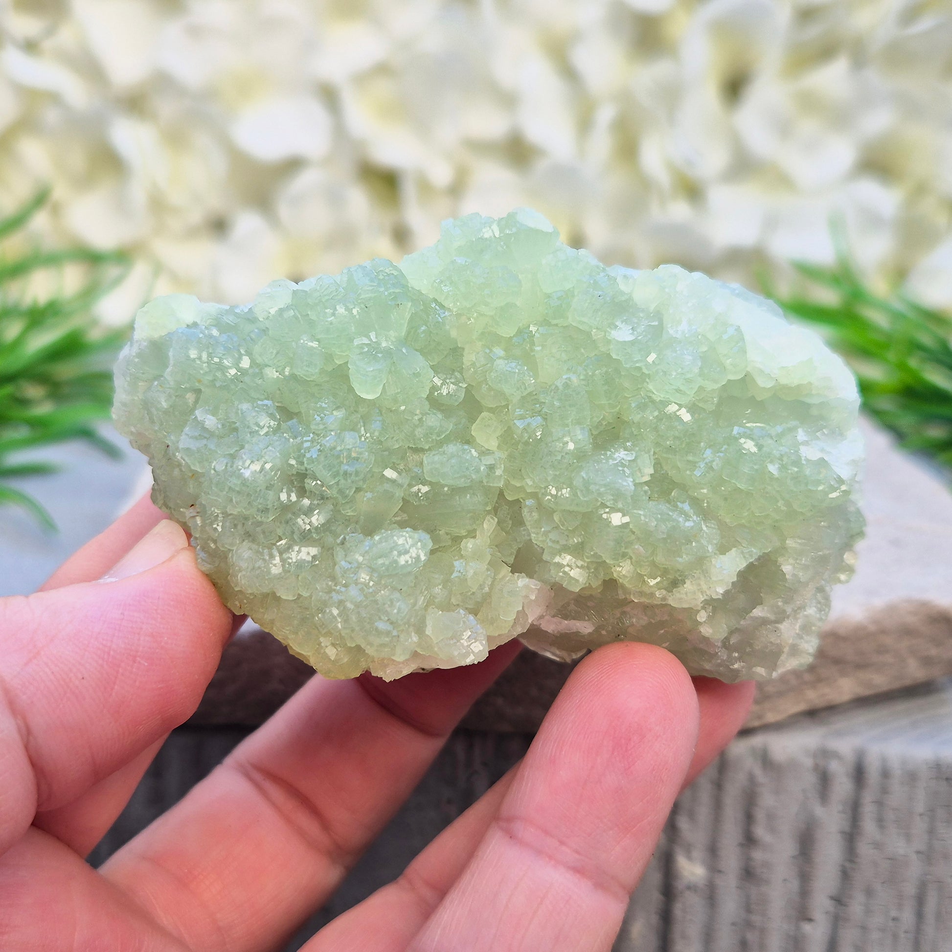 Natural Prehnite cluster from Mali with soft green tones and calming energy. A soothing crystal for emotional balance, rest, and peaceful spaces.