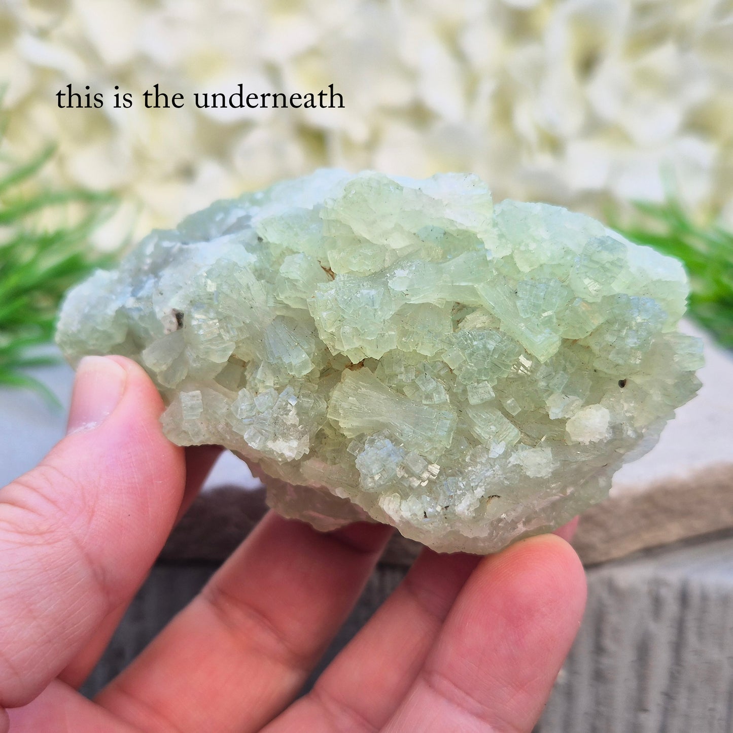 Natural Prehnite cluster from Mali with soft green tones and calming energy. A soothing crystal for emotional balance, rest, and peaceful spaces.