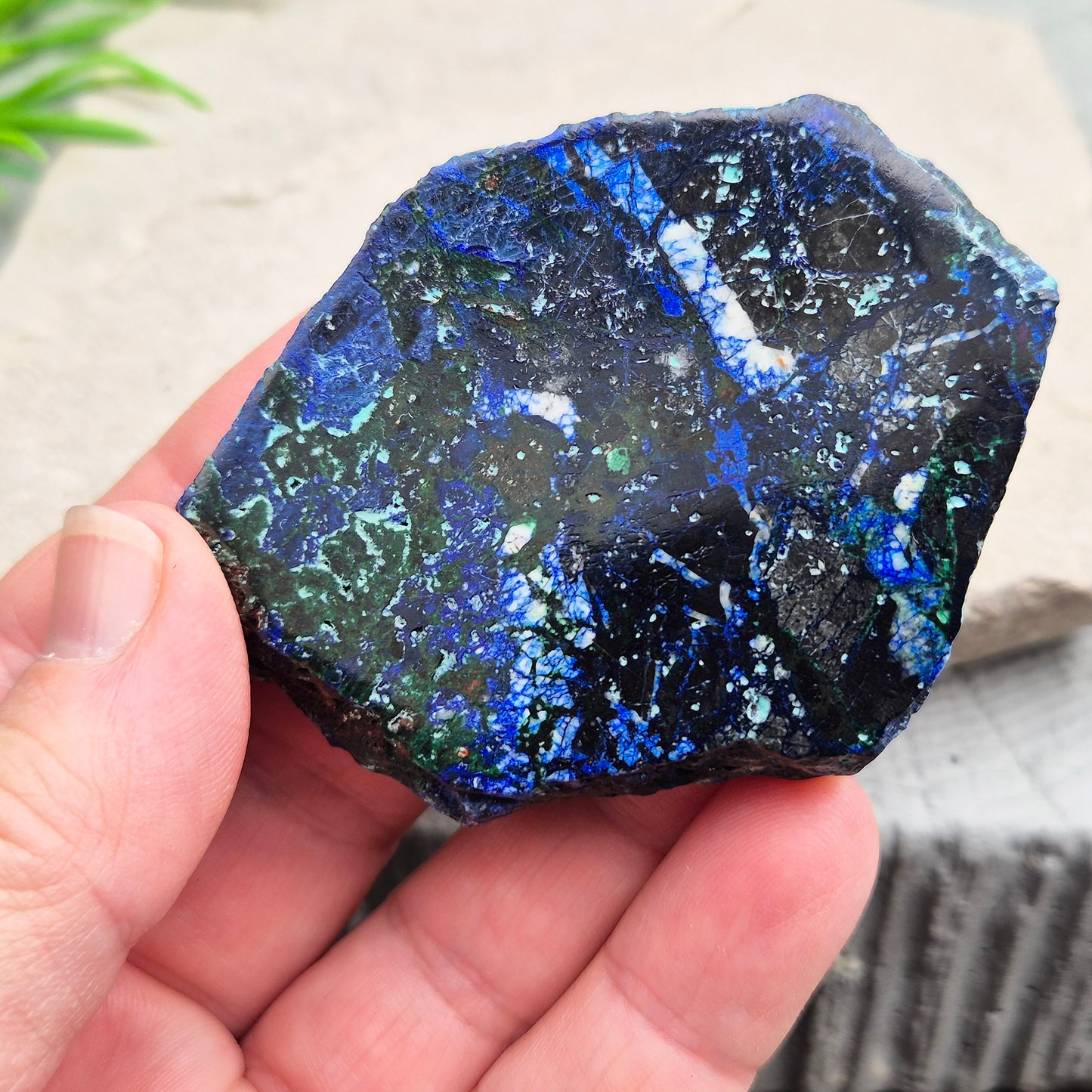 Natural Azurite crystal slice with vivid deep blue colouring and striking mineral patterns. A beautiful stone linked with intuition and awareness.
