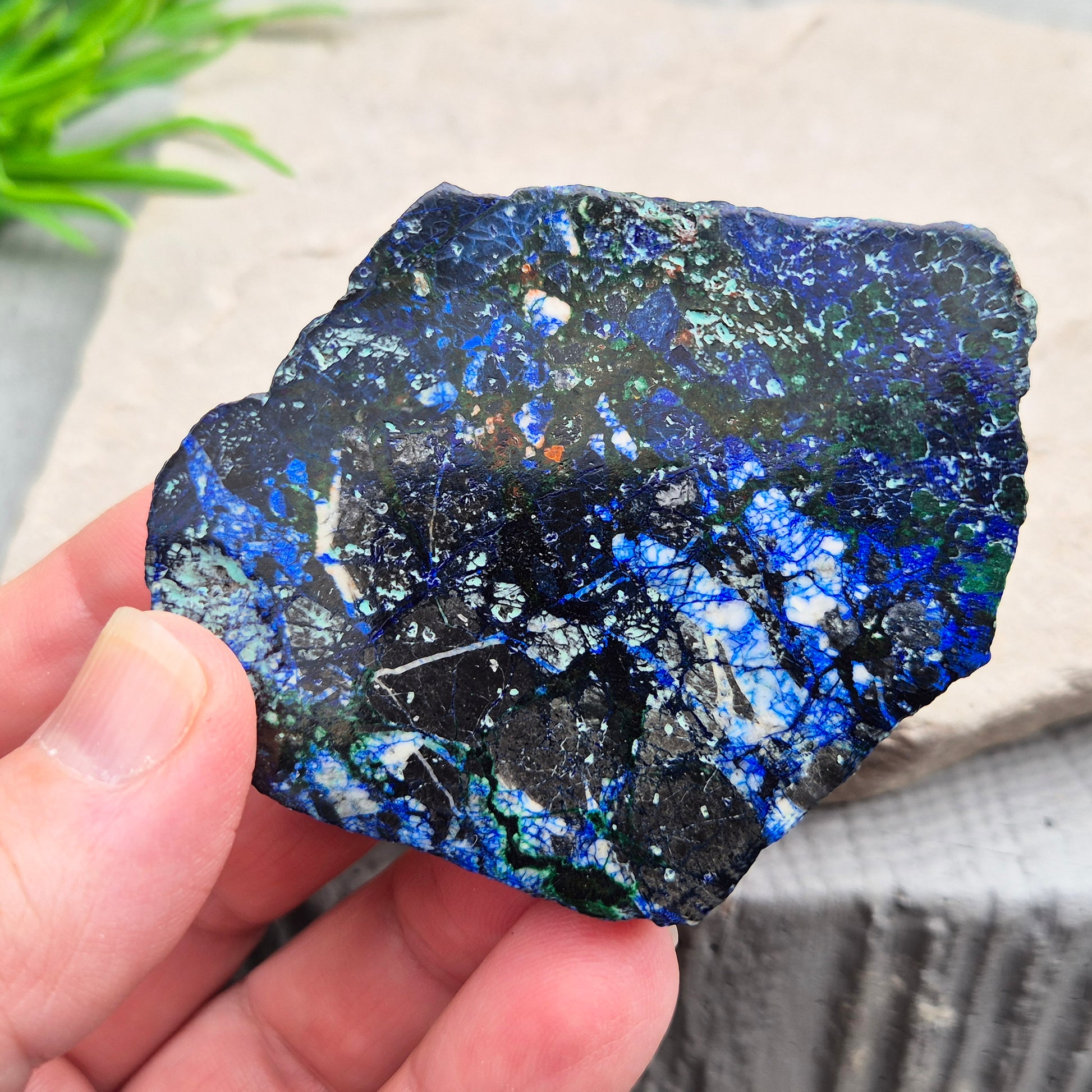 Natural Azurite crystal slice with vivid deep blue colouring and striking mineral patterns. A beautiful stone linked with intuition and awareness.