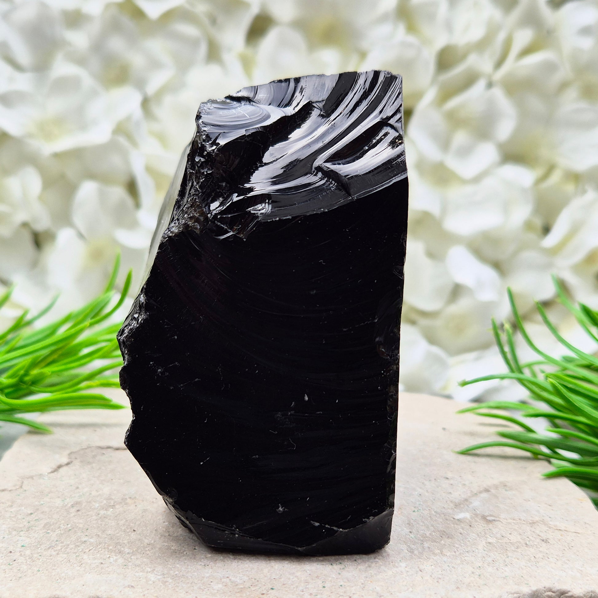 Natural black obsidian freeform from Mexico, known for its grounding presence and protective energy. A striking volcanic glass piece.