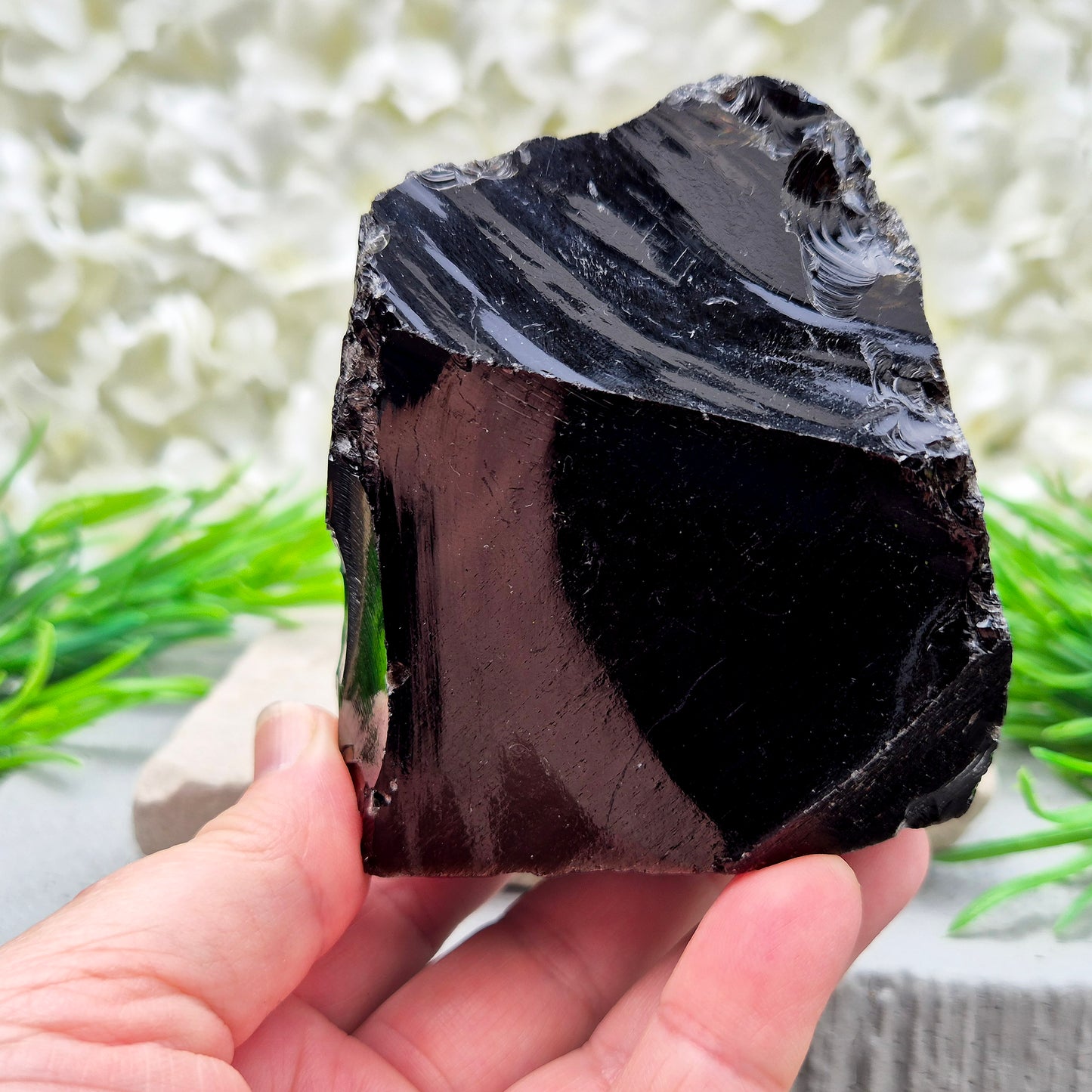 Natural black obsidian freeform from Mexico, known for its grounding presence and protective energy. A striking volcanic glass piece.