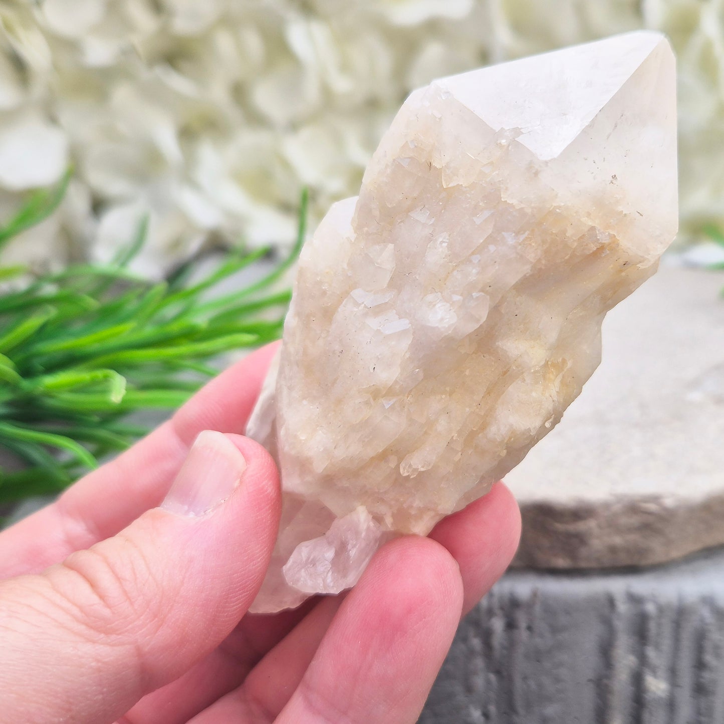 Candle Quartz natural crystal point (Pineapple Quartz) from Madagascar, featuring layered growth patterns and valued for meditation, balance, and spiritual focus.