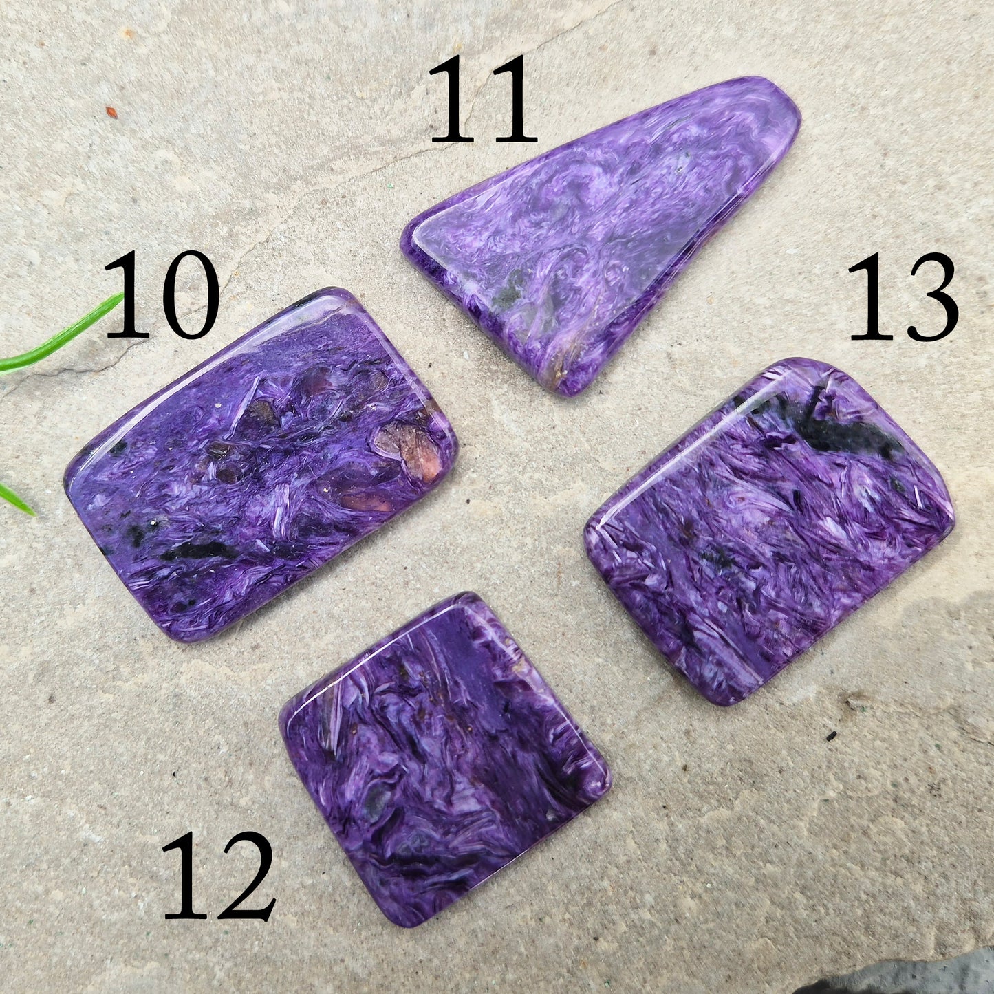 Polished Charoite slice with rich purple swirling patterns. A striking crystal associated with transformation, emotional strength, and personal growth.