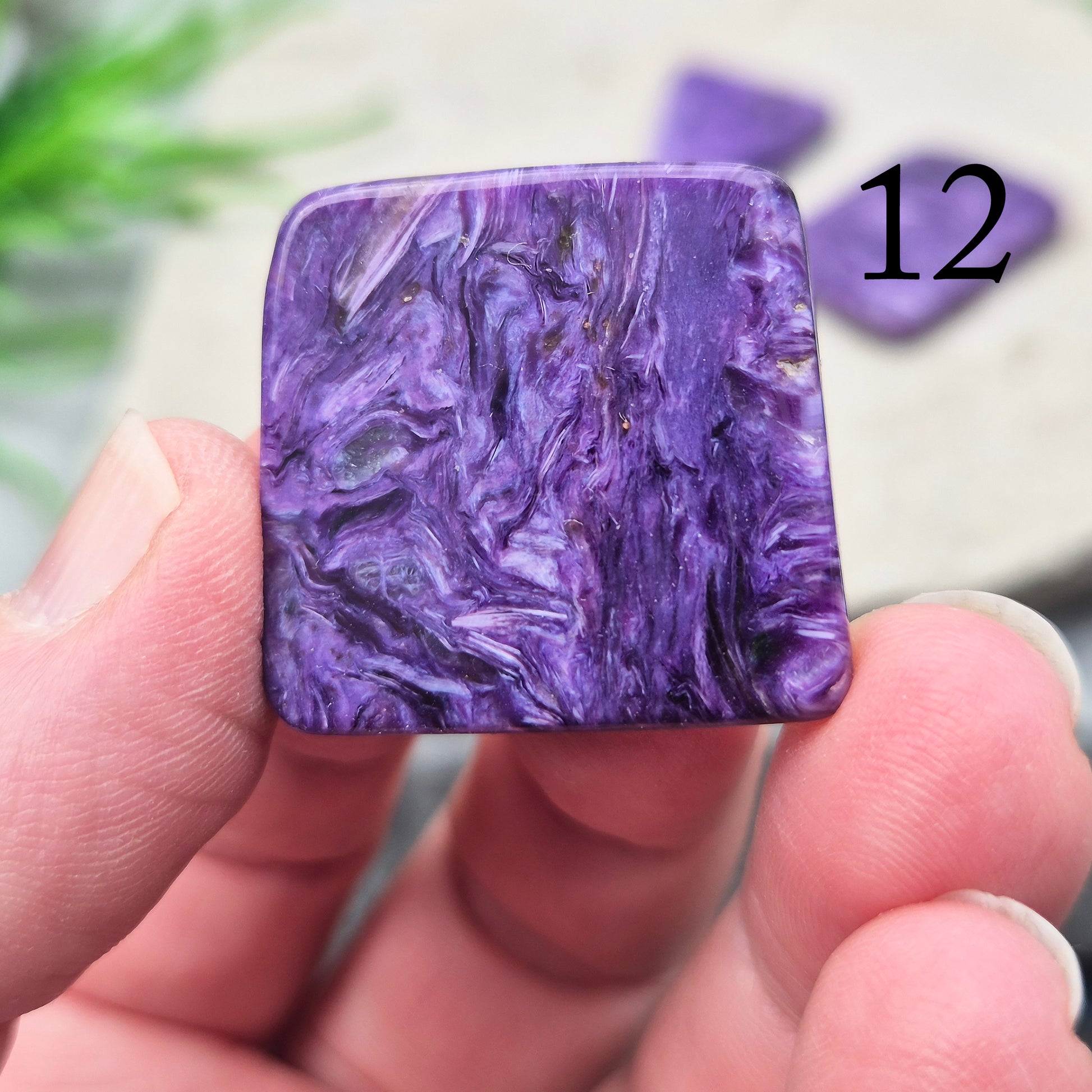 Polished Charoite slice with rich purple swirling patterns. A striking crystal associated with transformation, emotional strength, and personal growth.
