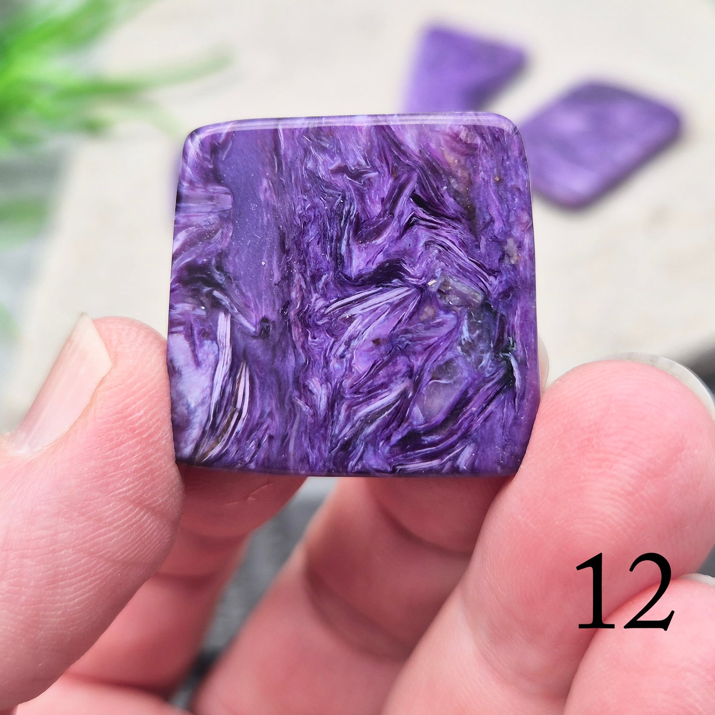 Polished Charoite slice with rich purple swirling patterns. A striking crystal associated with transformation, emotional strength, and personal growth.