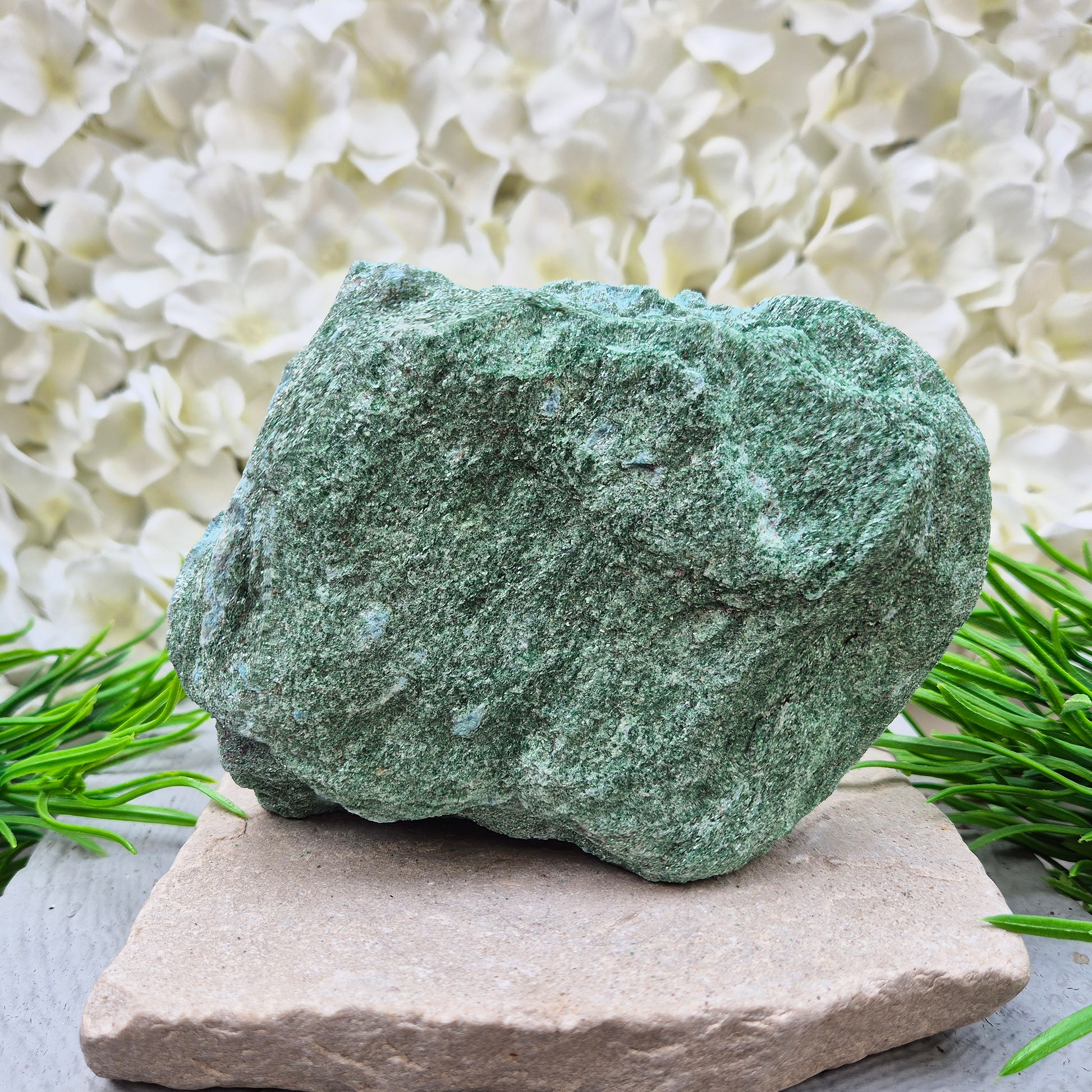 Fuchsite freeform crystal from Brazil. Natural green muscovite standing piece for emotional balance, self-care, healing energy, meditation, and home décor.