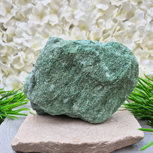 Fuchsite freeform crystal from Brazil. Natural green muscovite standing piece for emotional balance, self-care, healing energy, meditation, and home décor.
